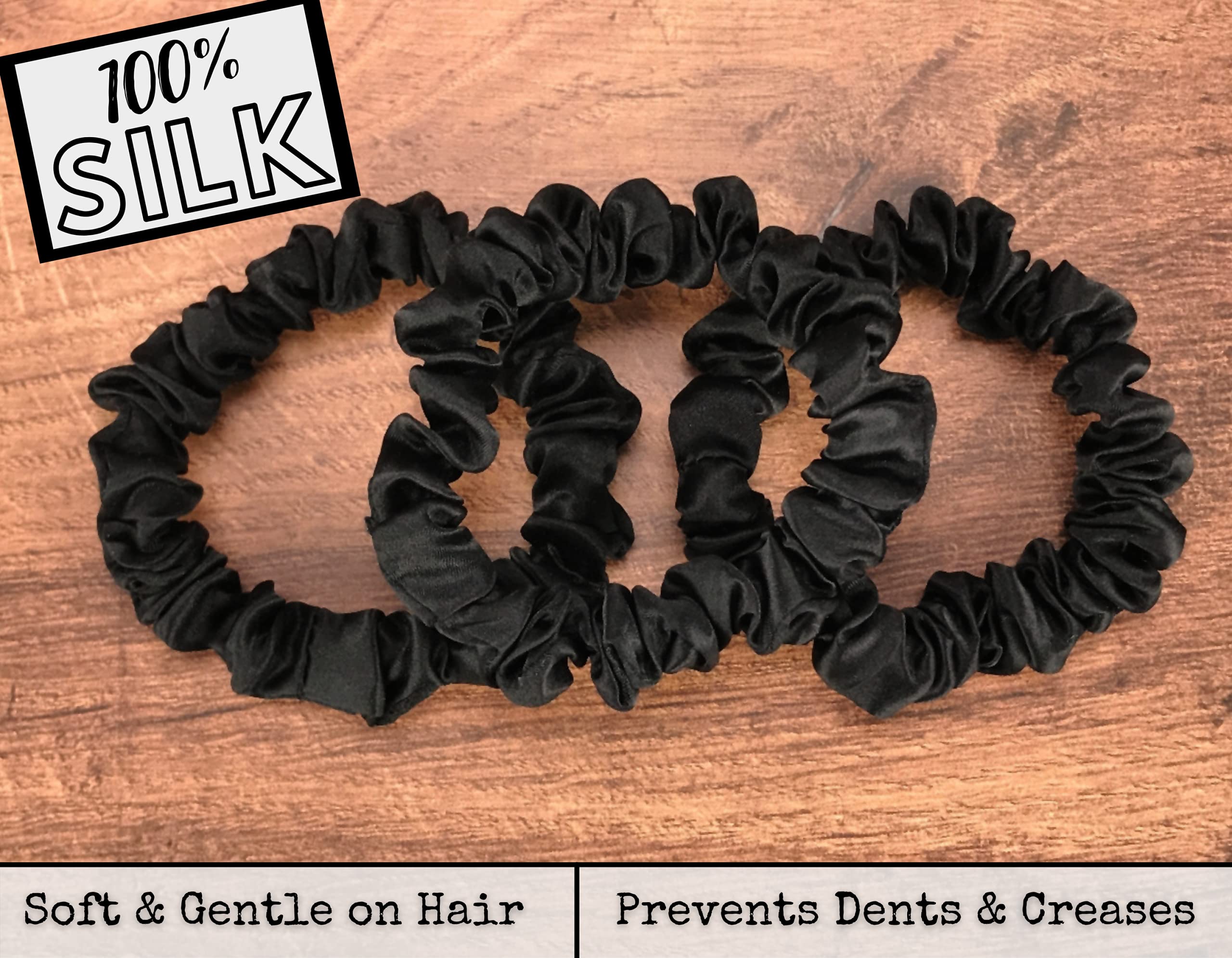 CELESTIAL SILK Mulberry Silk Scrunchies for Hair (Small, Black)