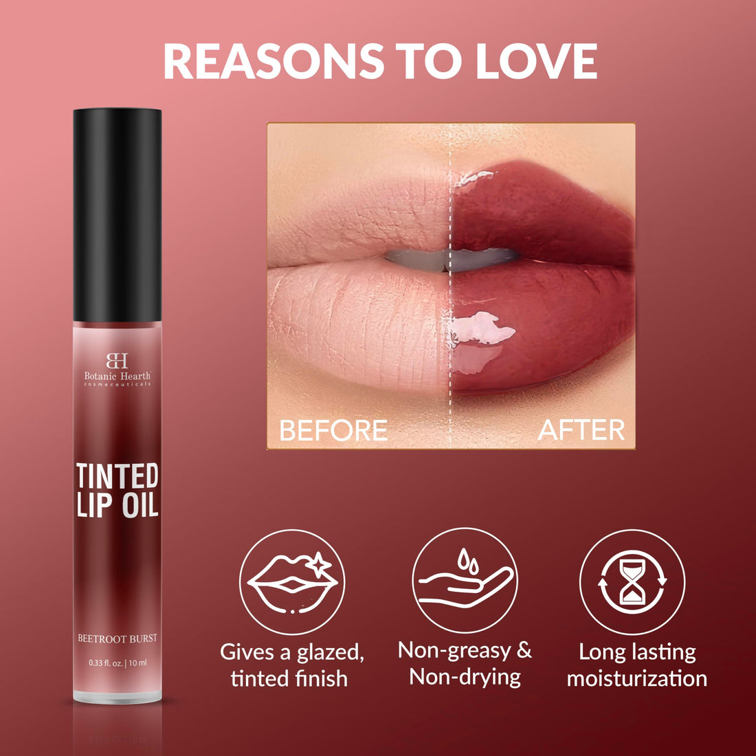 Botanic Hearth Tinted Lip Oil | Moisturizing Lip Gloss Oil for Dry Lips | Deep Red Gloss | Lightweight & Non Greasy | 0.3fl oz