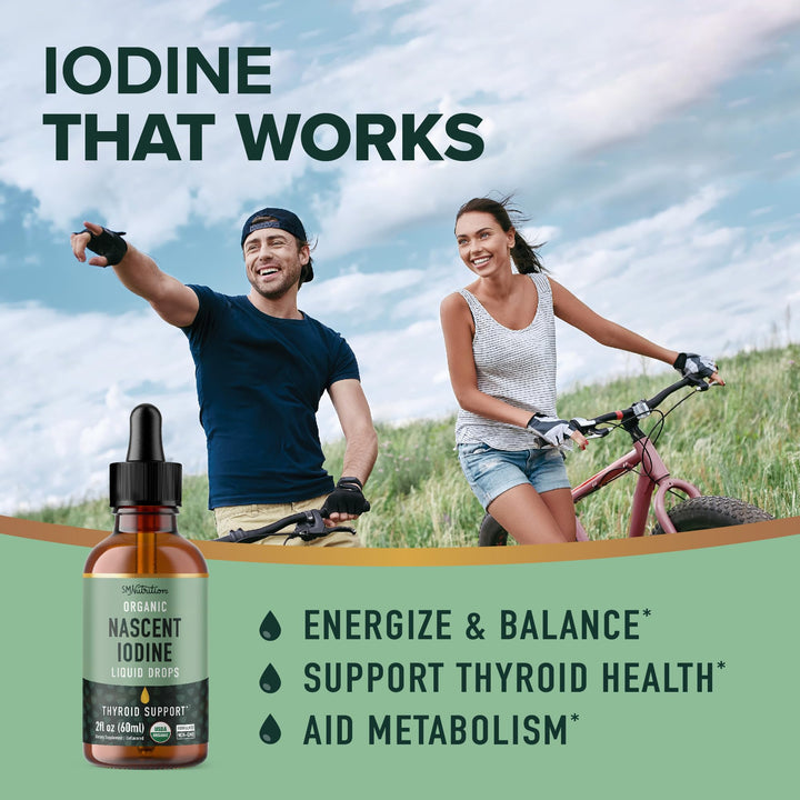Organic Iodine Liquid for Thyroid Support | Nascent Iodine Supplements | USDA Certified Organic | Decolorized Potassium Iodide Liquid for Metabolism Support | 1100 mcg | 2 Fl Oz, Over 1-Year Supply