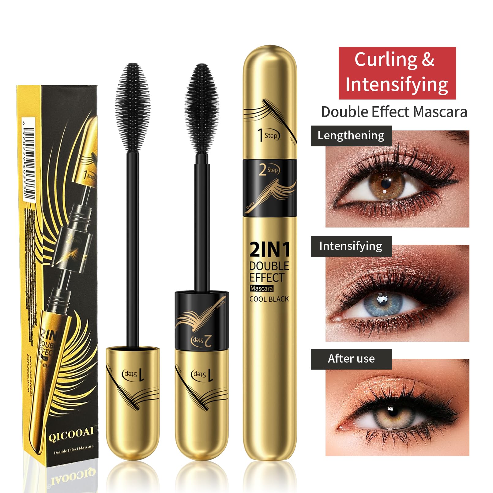 2pcs 2 in 1 Double Black 4D tubing Mascara Volume and Length, Silk Fiber Lash Liquid Extension 5X Longer, Smudge Proof Waterproof and Sweat Resistant Fuller Mascara (2pcs)
