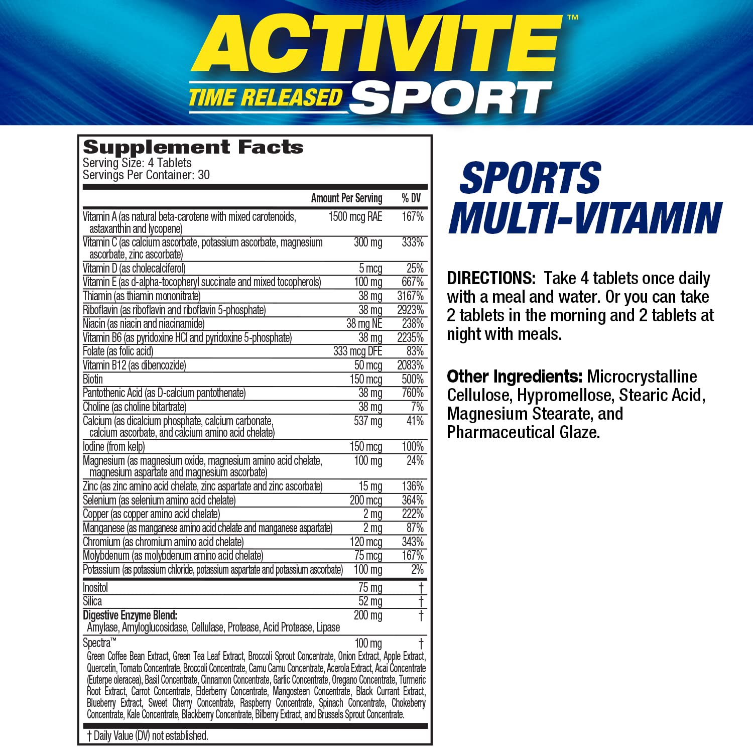 MHP Activite Sport Multi Vitamin, 25 Vitamins and Minerals, Nitric Oxide Booster, Digestive Enzymes, Antioxidants, 120 Tablets