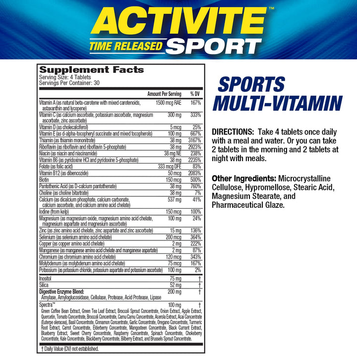 MHP Activite Sport Multi Vitamin, 25 Vitamins and Minerals, Nitric Oxide Booster, Digestive Enzymes, Antioxidants, 120 Tablets