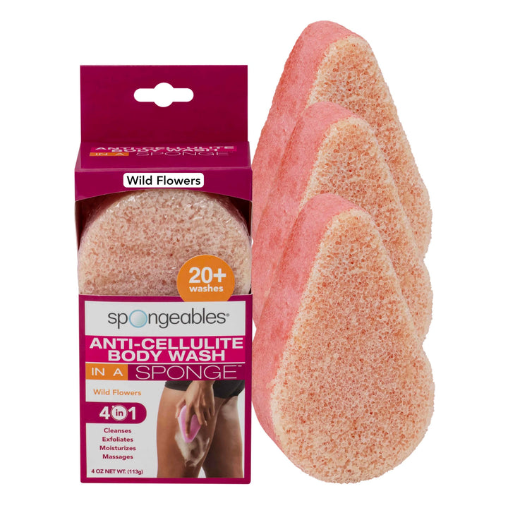 Spongeables Anti-Cellulite Body Wash in a Sponge, Wild Flowers, Spa Cellulite Massager, Moisturizer and Exfoliator for the Body, 20+ Washes, Pack of 3