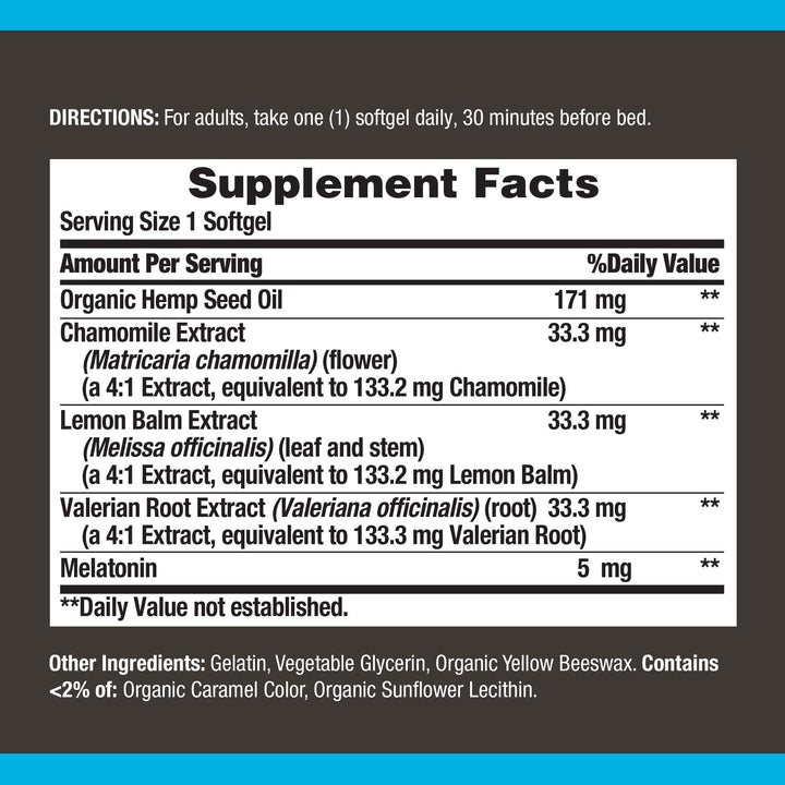 Nature's Bounty Hemp + Sleep by, for Occasional sleeplessness, Rapid Release Liquid Softgels, 30 Count