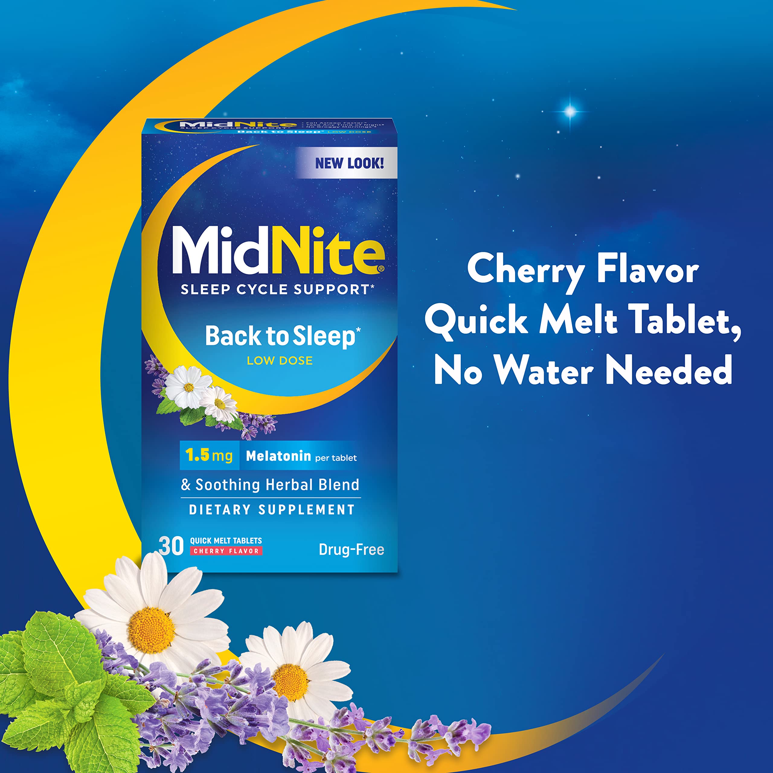 MidNite Back to Sleep Low Dose, 1.5 mg Melatonin Sleep Aid, Non-Habit Forming, Herbal Dietary Supplement for Adults, Drug-Free, Gluten-Free, Lactose-Free, Vegetarian, Vegan, 30 Quick Melt Tablets
