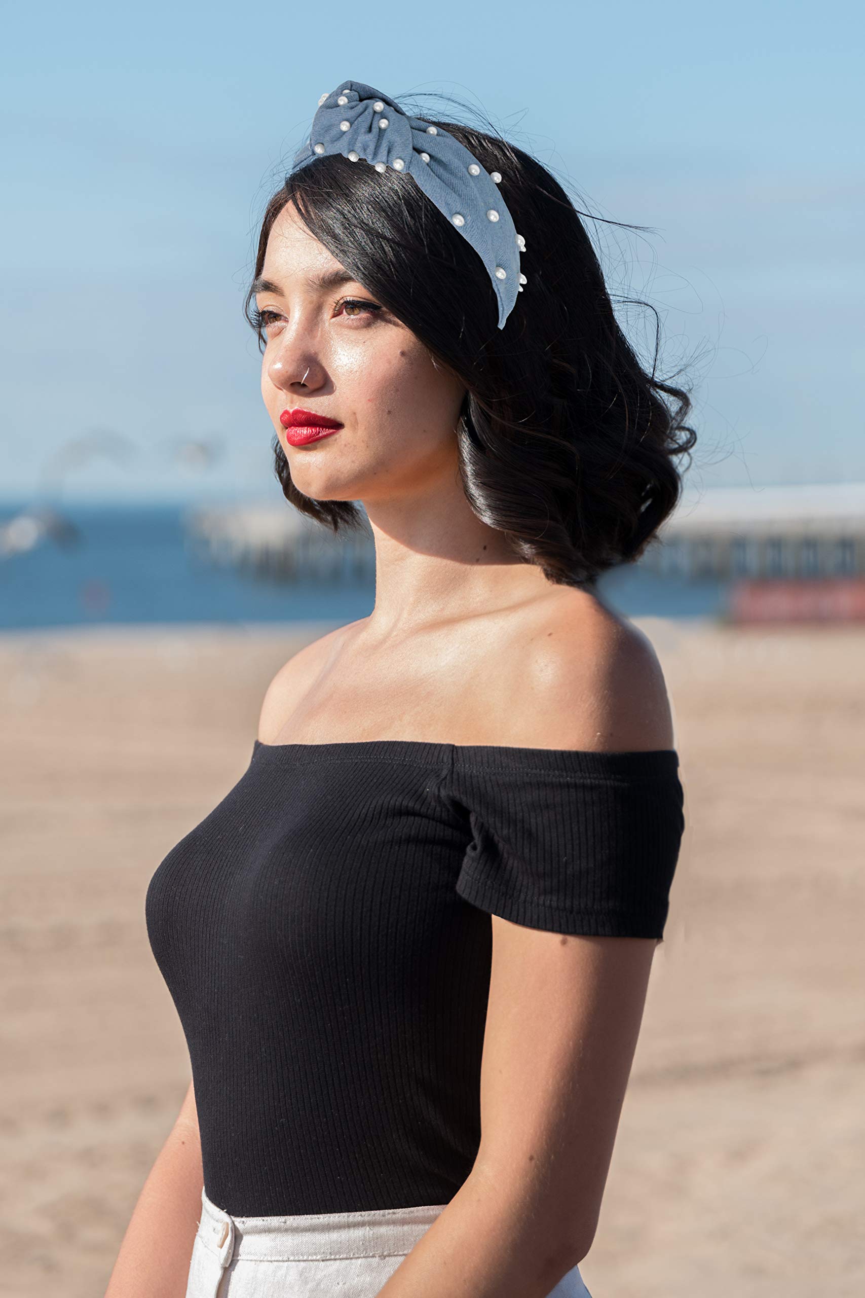 Blue Headband is Classy. Denim Pearl Knotted Headband for Women Goes with Everything.Comfy Top Knot Headband For Women . Jean Headband for Women Fashion Gets Compliments.Cute Jean Light Blue Headband