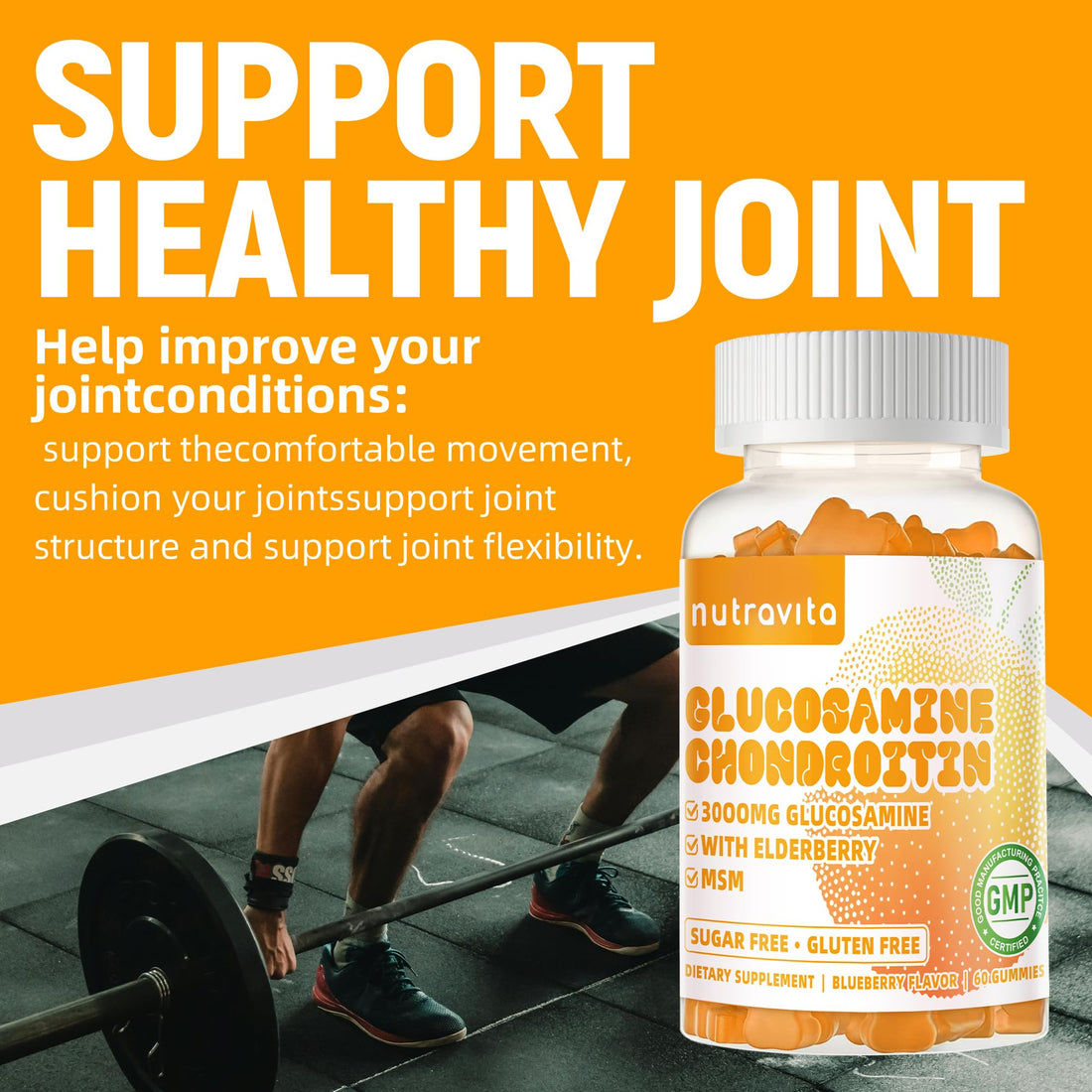 Nutravita Glucosamine Chondroitin Gummies with MSM & Elderberry Extra Strength - Joint Support, Antioxidant Immune Support Supplement for Adults, Men & Women.60 Orange Chews