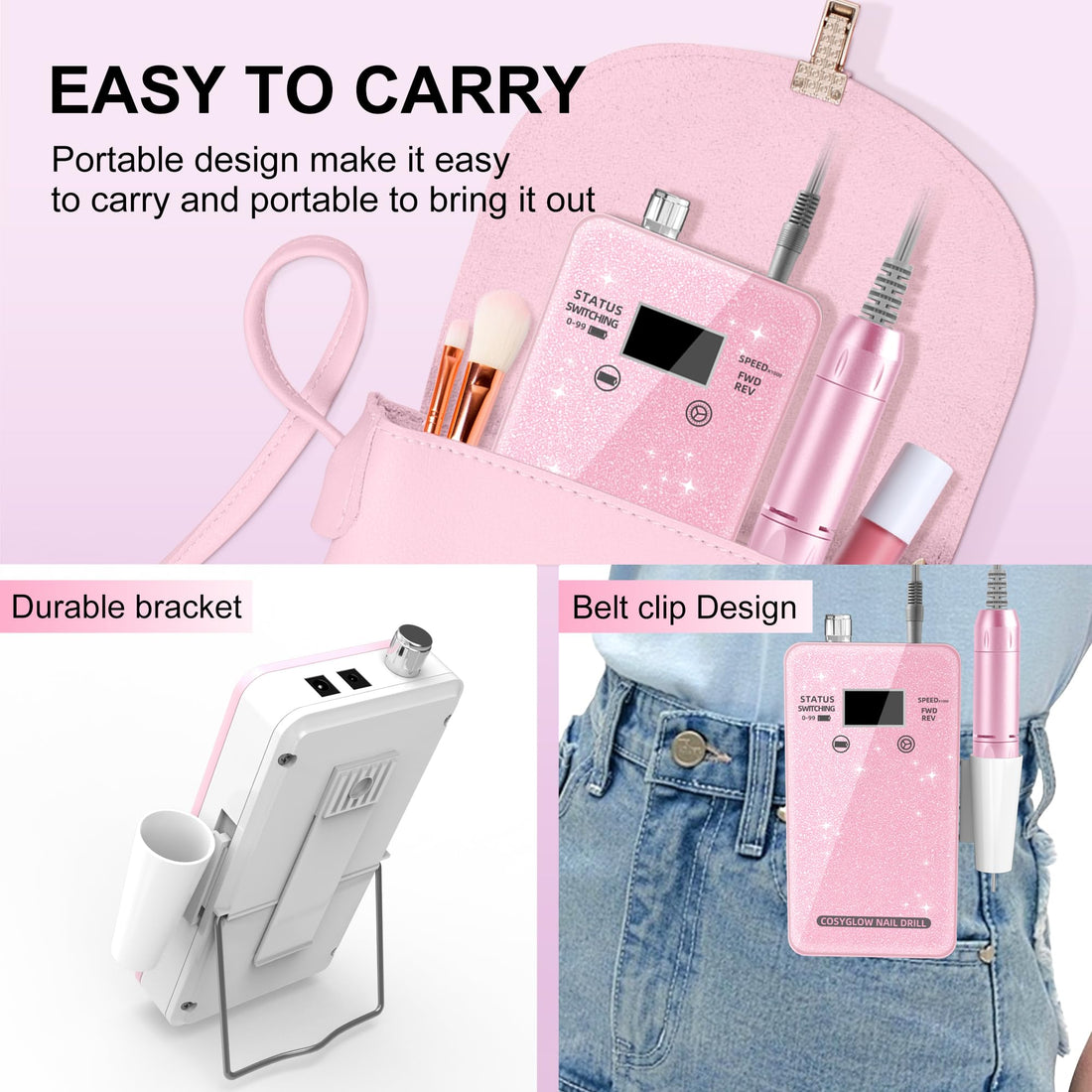 Professional Electric Nail Drill File:COSYGLOW Glitter Portable Cordless E-File Nail Drill Kit with 11 Drill Bits,30000 RPM Rechargeable Nail Drills Machine for Acrylic Nails Gel Polishing (Pink)