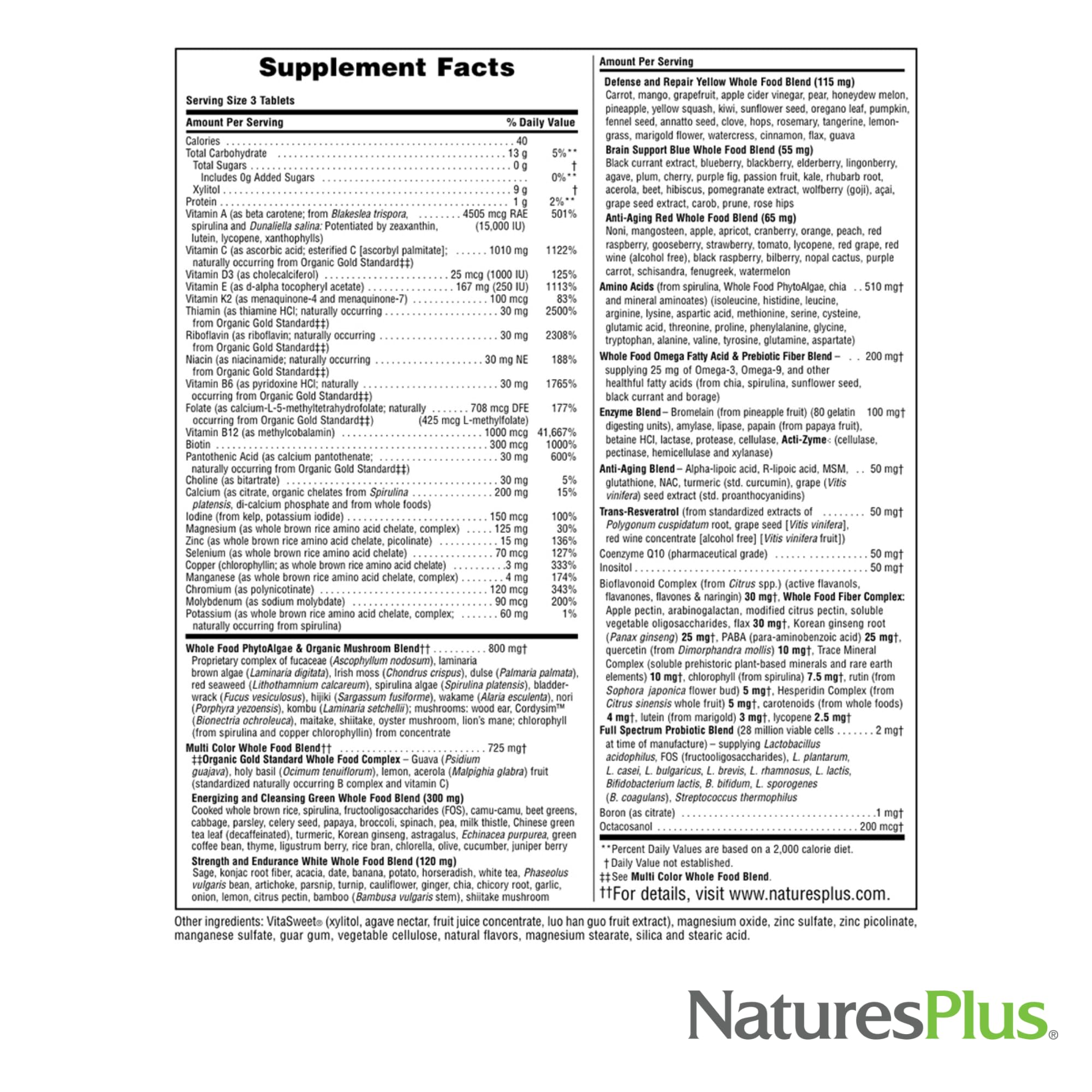 Natures Plus Source of Life Gold Multivitamin - 90 Chewable Tablets, Pack of 2 - with Vitamins D3, B12, K2 & More Than 120 Whole Foods - Blood, Bone & Immune Support - Gluten Free - 30 Servings