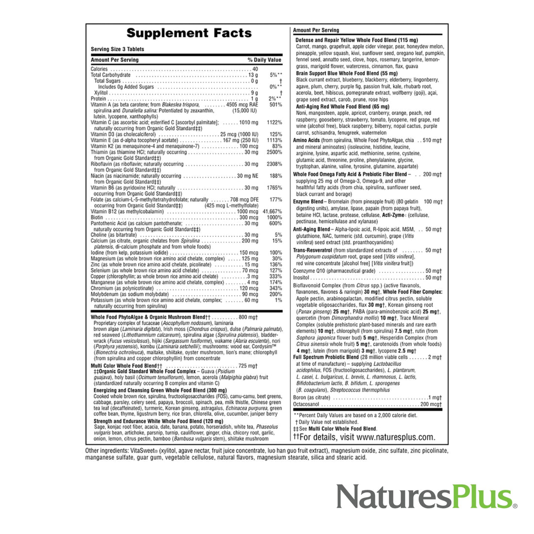 Natures Plus Source of Life Gold Multivitamin - 90 Chewable Tablets, Pack of 2 - with Vitamins D3, B12, K2 & More Than 120 Whole Foods - Blood, Bone & Immune Support - Gluten Free - 30 Servings