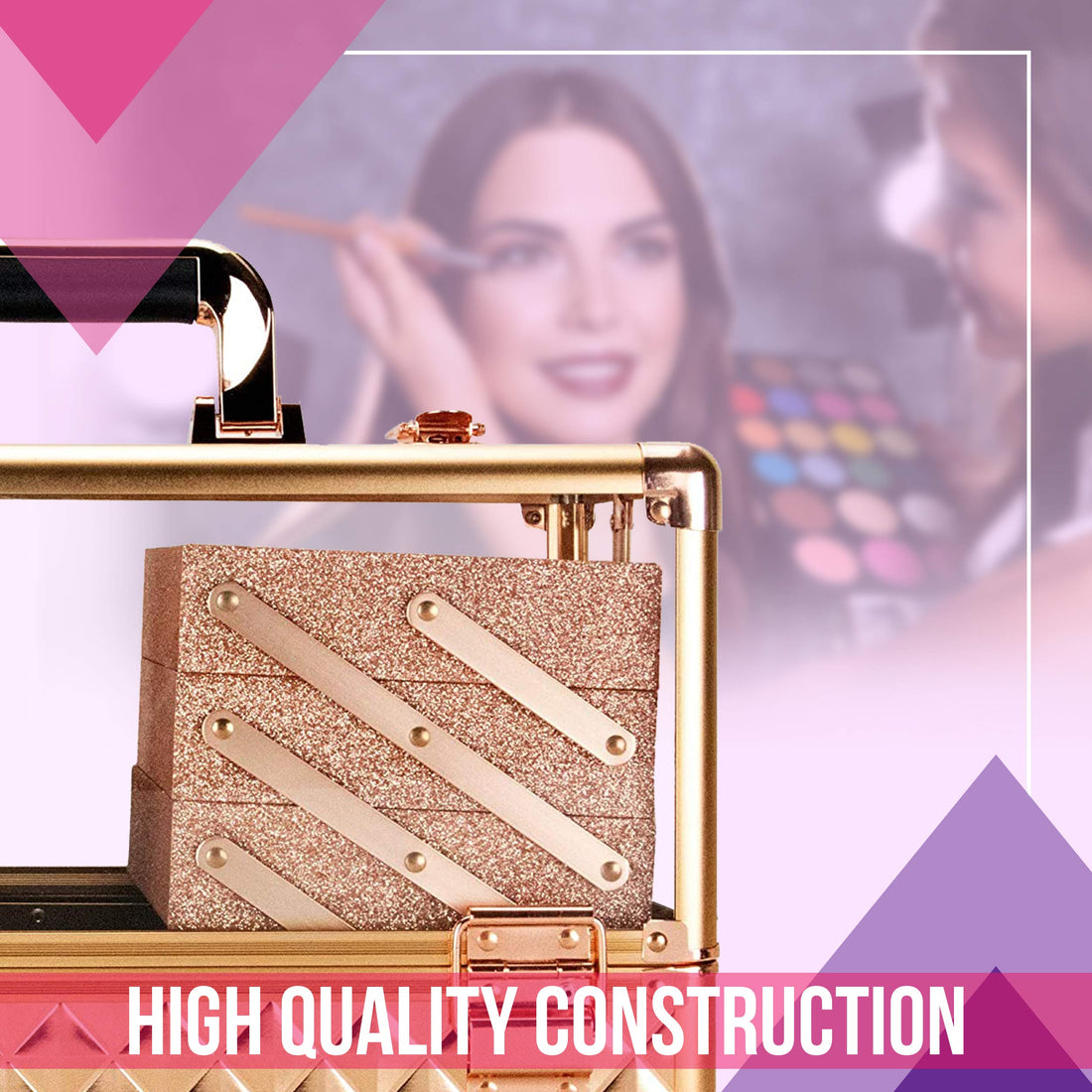 Ver Beauty 3.8mm armored acrylic makeup case jewelry portable travel organizer with 6 extendable trays clear cover micro-fiber cloth brush holders keylocks - vp016, Rose Gold Diamond