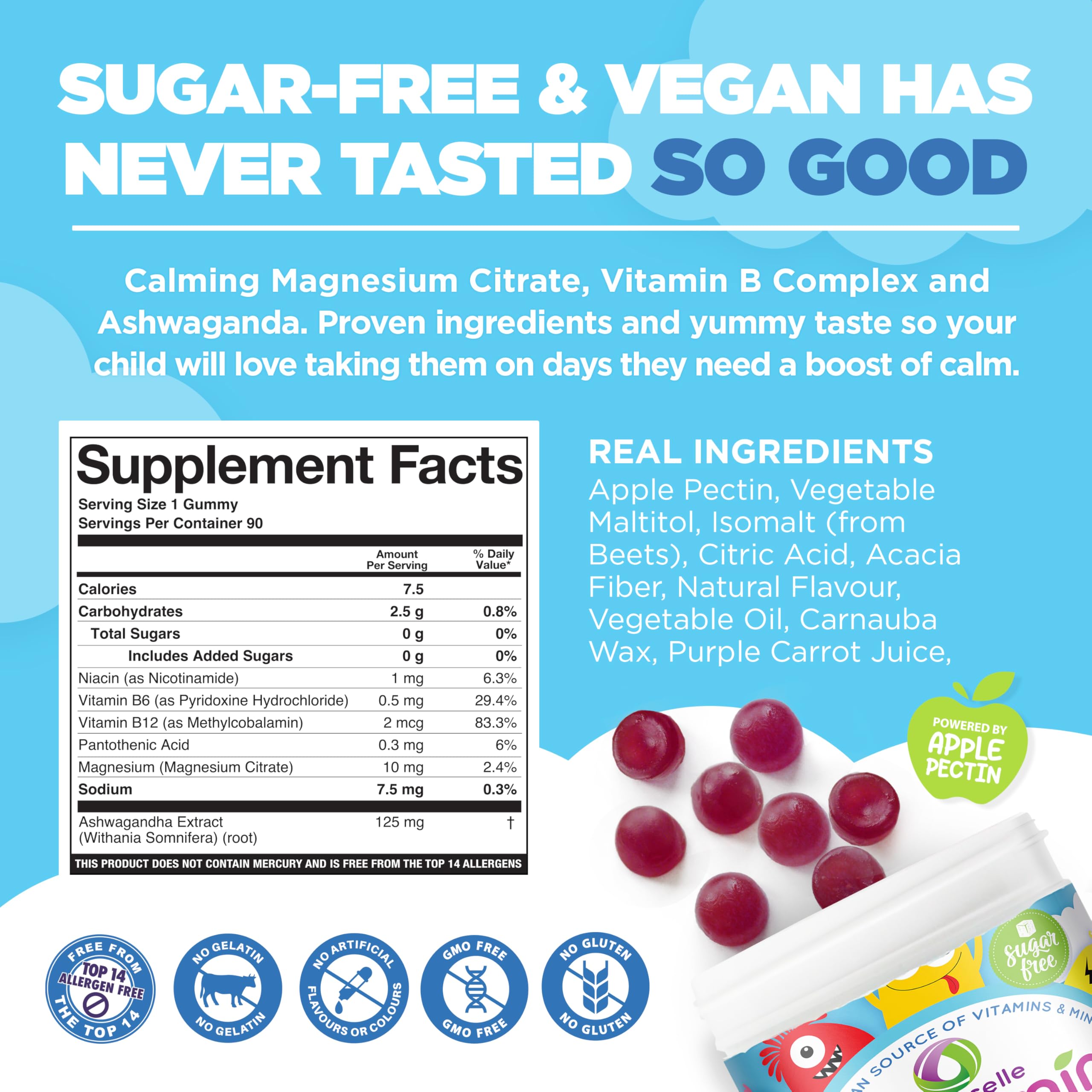 NUTRAMIN Kids Mood Boost Vegam Vitamin Gummy: Calming Magnesium Citrate Supplement for Children with Ashwagandha & Vitamin B Complex to Relax & Focus - Sugar-Free, Allergy-Safe, Non-GMO 90 ct