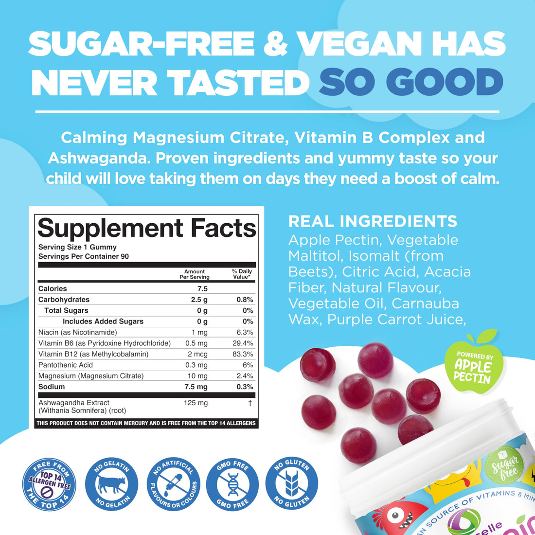 NUTRAMIN Kids Mood Boost Vegam Vitamin Gummy: Calming Magnesium Citrate Supplement for Children with Ashwagandha & Vitamin B Complex to Relax & Focus - Sugar-Free, Allergy-Safe, Non-GMO 90 ct