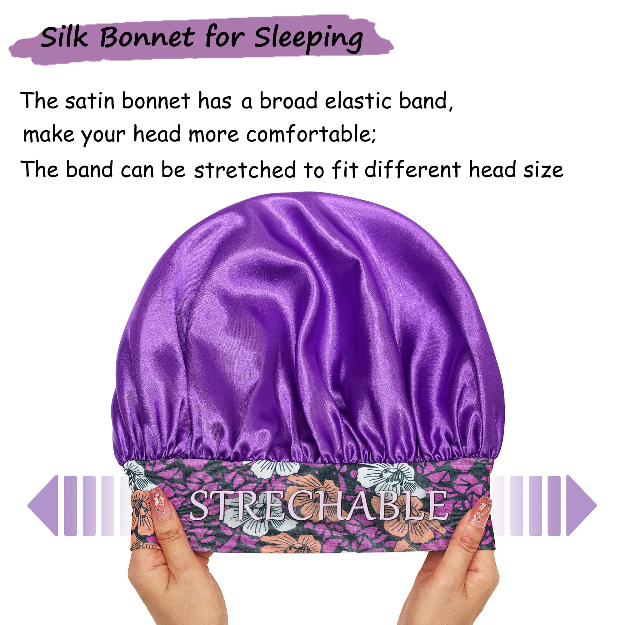 3 Pack Satin Bonnet Silk Hair Bonnet for Sleeping, Sleep Bonnets for Women Large Wide Soft Band Sleep Cap for Curly Hair Braids