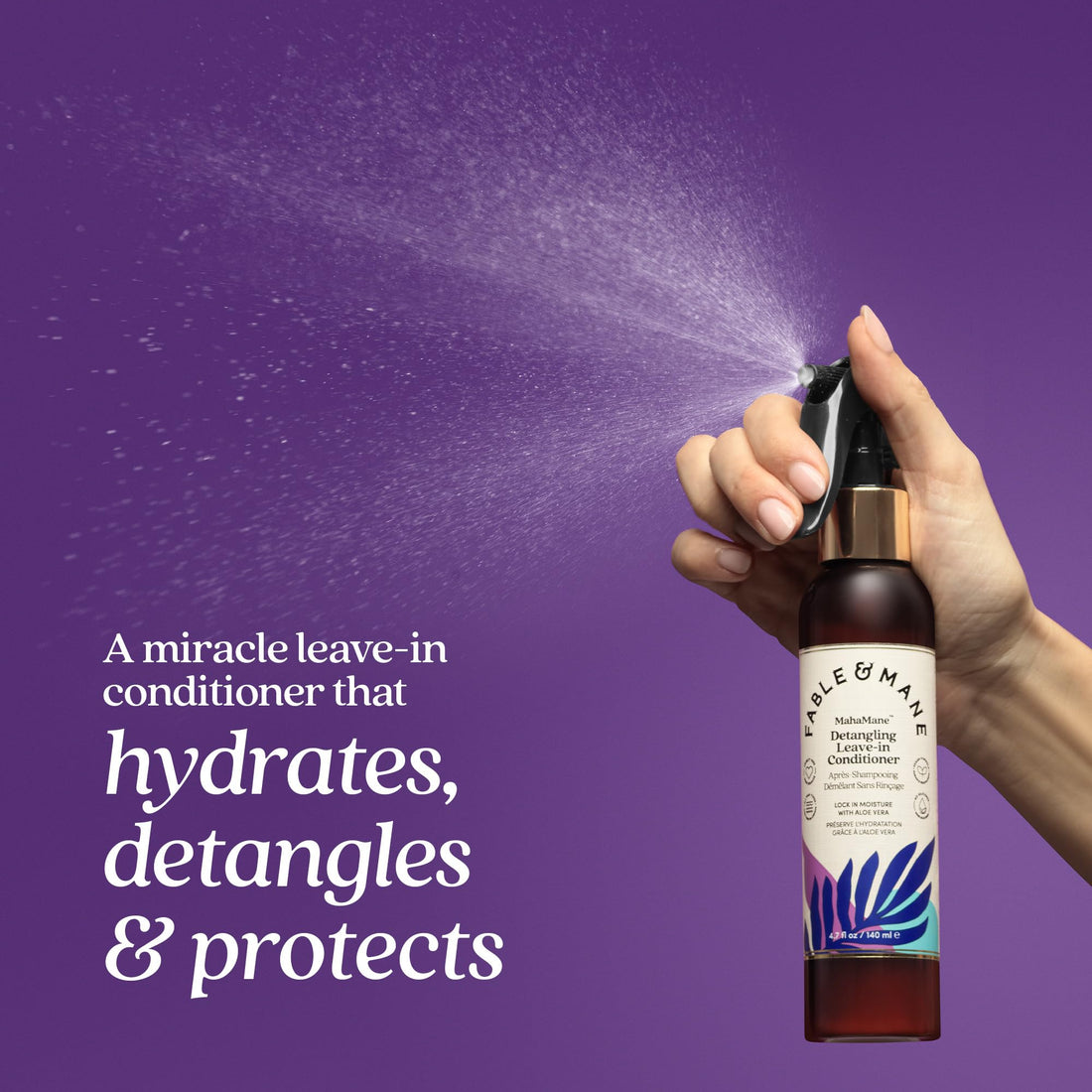 Fable & Mane Leave In Conditioner, 4.7 Fl Oz - Maha Mane Detangler Spray, Silicone-Free Leave In Conditioner for Dry Damaged Hair, Heat Protectant for Hair