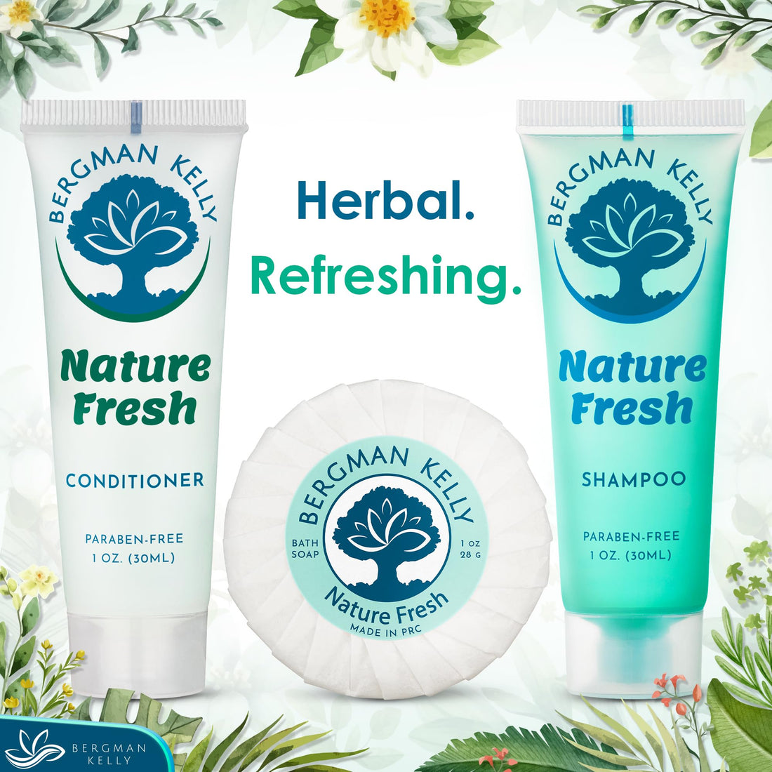 BERGMAN KELLY Round Hotel Soap Bars, Shampoo & Conditioner 3-Piece Set (1 oz each, 150 pc, Nature Fresh), Delight Your Guests with Refreshing & Soothing Mini Travel Toiletries & Bulk Amenities