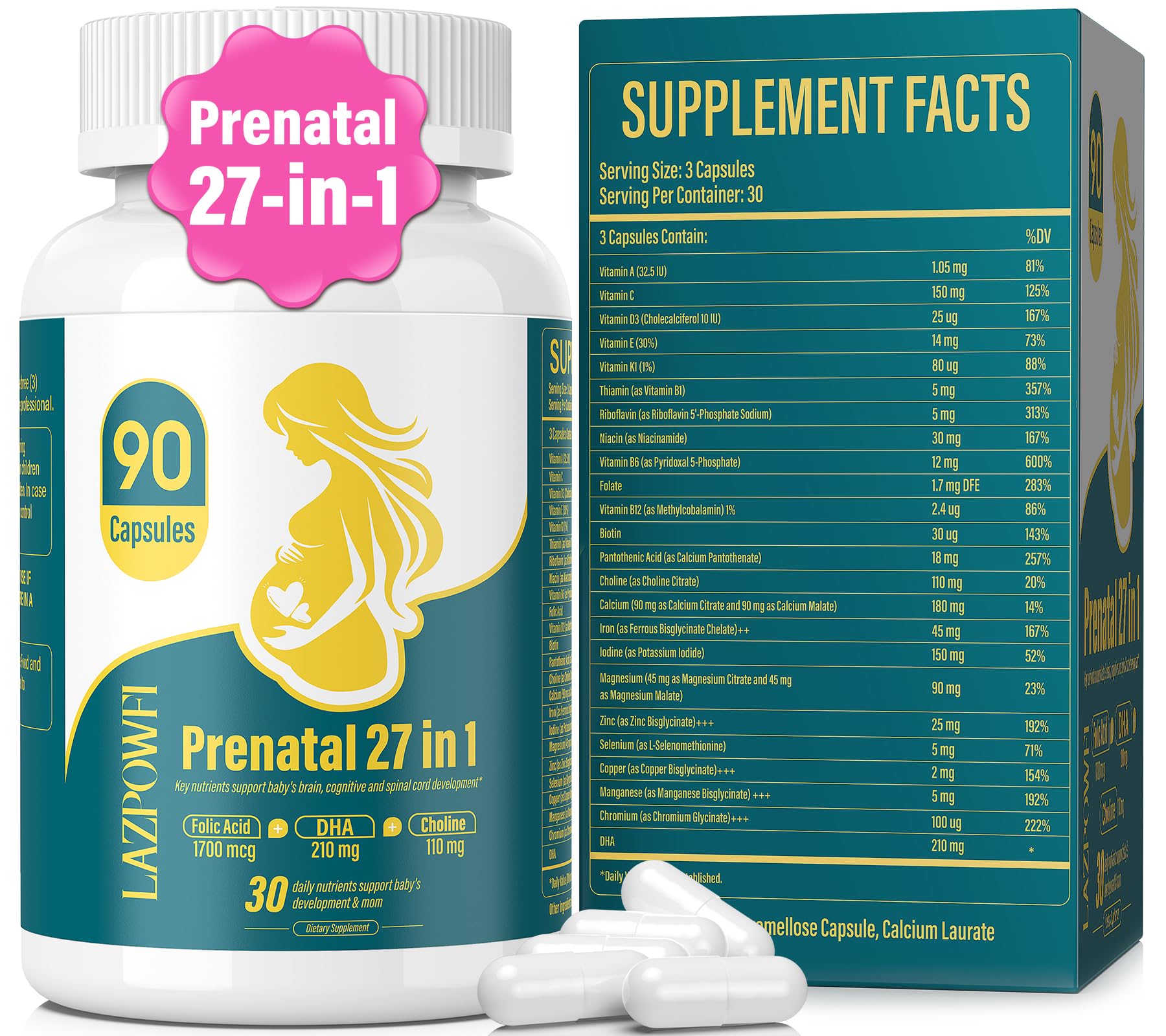 Lazpowfi Prenatal Vitamins for Women Postnatal Multivitamin with Folic Acid DHA Choline for Pregnant and Breastfeeding Women Niacinamide Biotin and Minerals 27 in 1 Supplement 90 Capsules-30 Servings