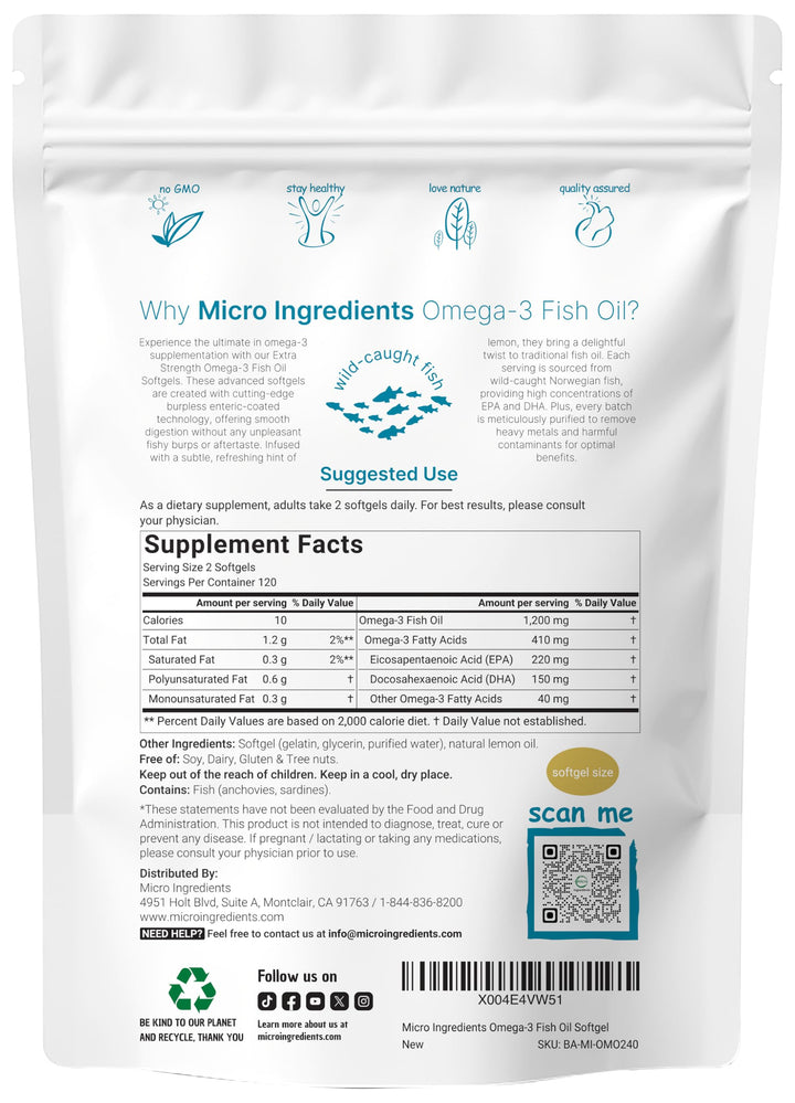 Extra Strength Omega 3 Fish Oil Supplements 1,200mg Per Serving, 240 Softgels | Lemon Flavored | Burpless | Essential Fatty Acids | EPA 220mg + DHA 150mg | Deep Sea Fish