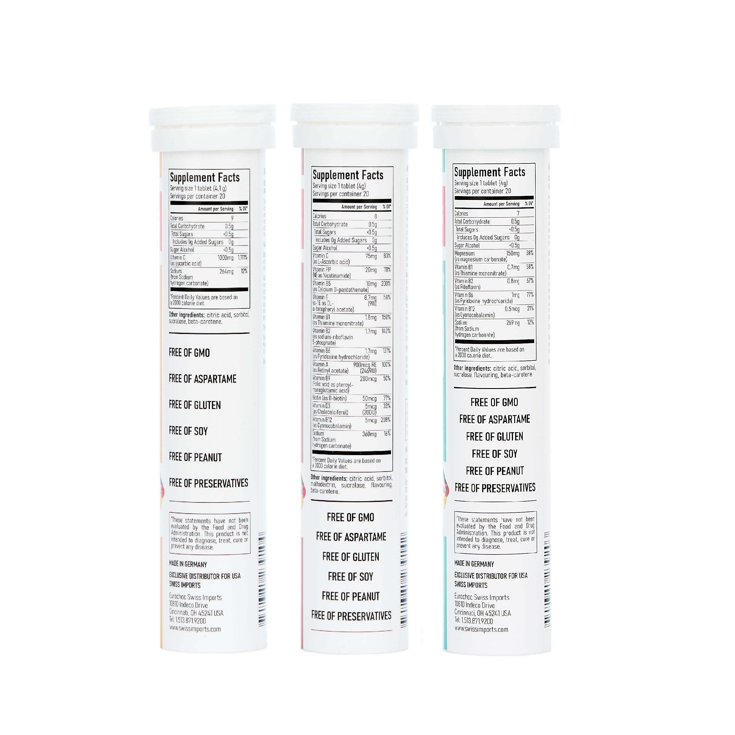 Swiss Imports Effervescent Variety Pack with Vitamin C 1000mg, Magnesium + B Complex, Multivitamin + Biotin, 12-Pack, 240 Tablets