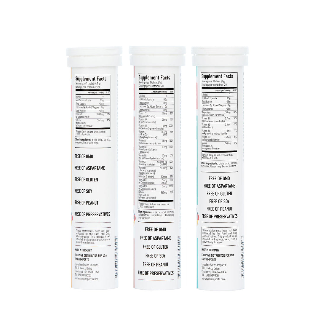 Swiss Imports Effervescent Variety Pack with Vitamin C 1000mg, Magnesium + B Complex, Multivitamin + Biotin, 12-Pack, 240 Tablets