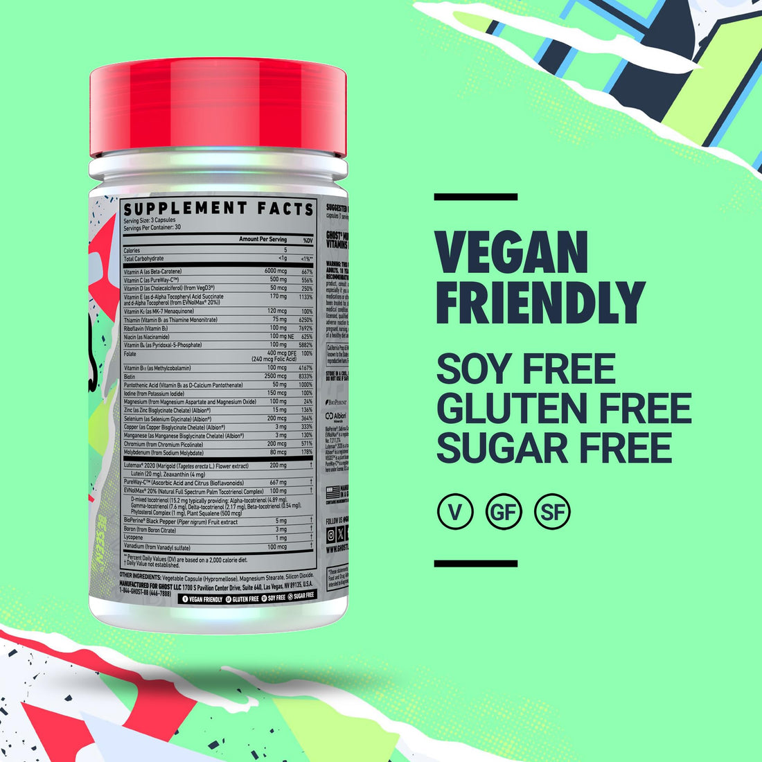 GHOST Multi Multivitamin for Men & Women, 90 Capsules - Loaded with 21 Vitamins, Minerals & Key Nutrients - Vitamin A, Vitamin C, Vitamin D, Vitamin E & Zinc - Free of Gluten, Soy & Sugar, Vegan