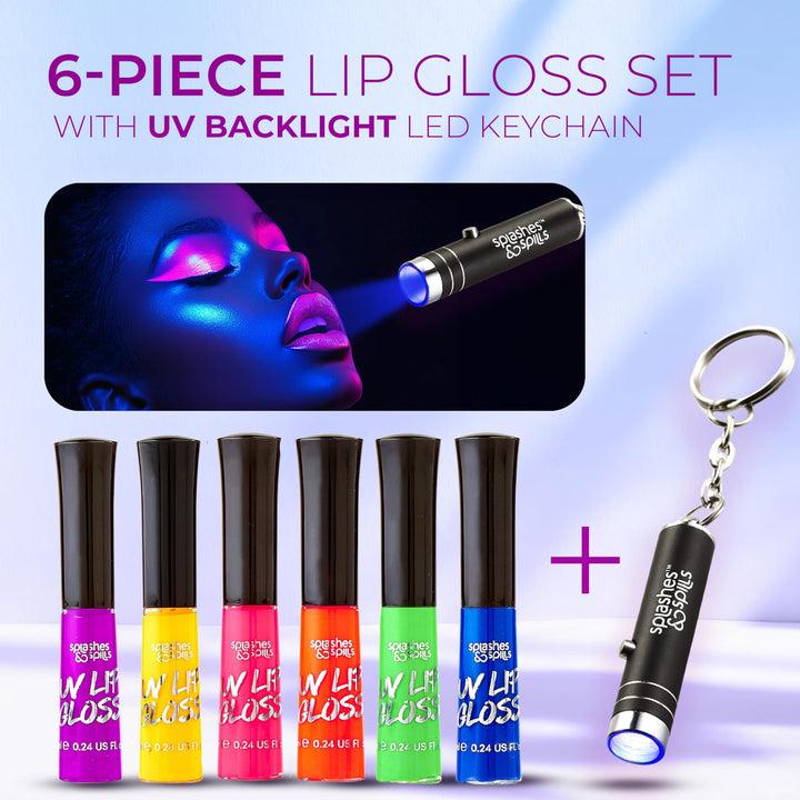 UV Glow Blacklight Lip Gloss - 6 Color Variety Pack, 3.7g - Day or Night Stage, Clubbing or Costume Makeup by Splashes & Spills