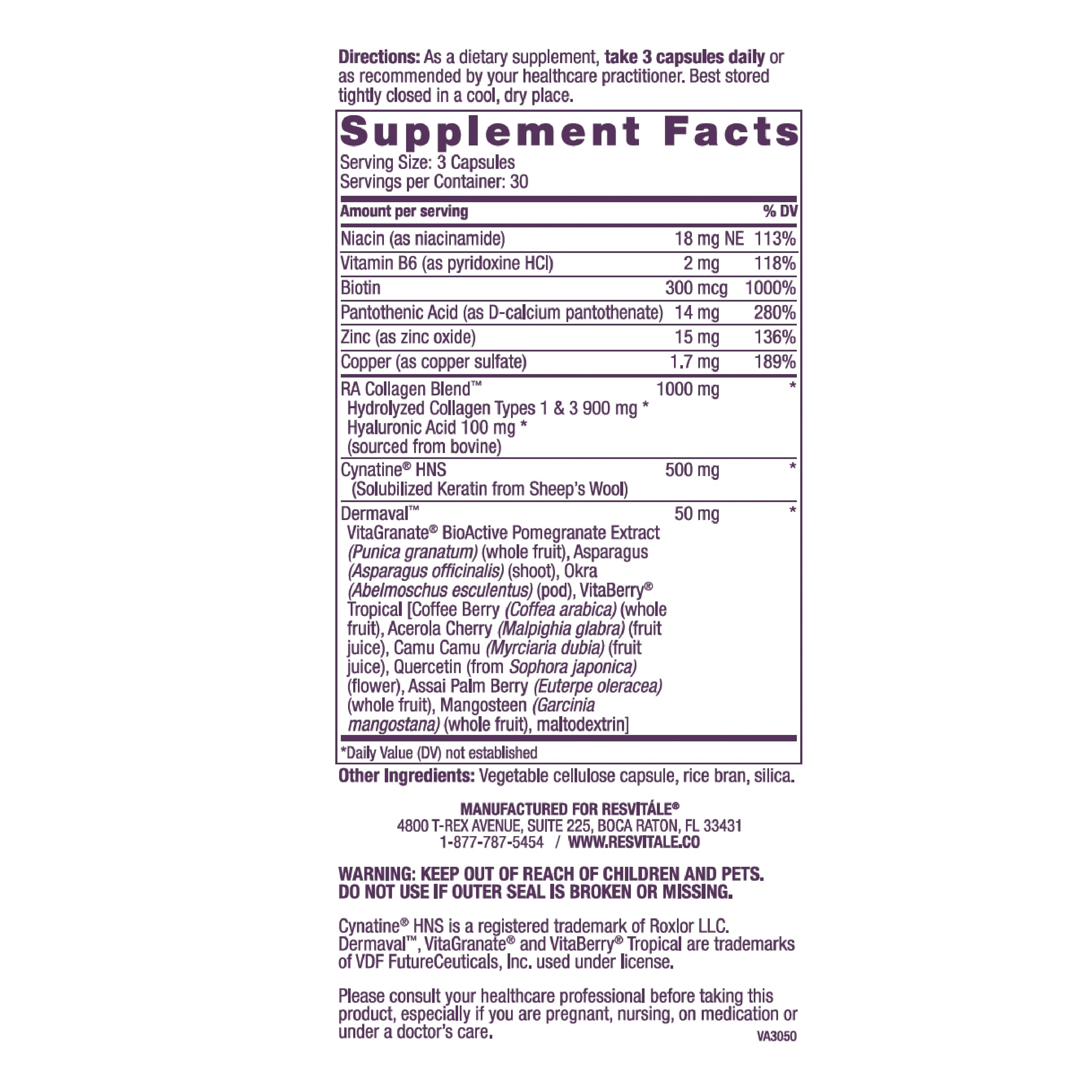 ResVitále Beauty 3 - Skin Care Supplement with Collagen, Keratin & Elastin - 90 Capsules