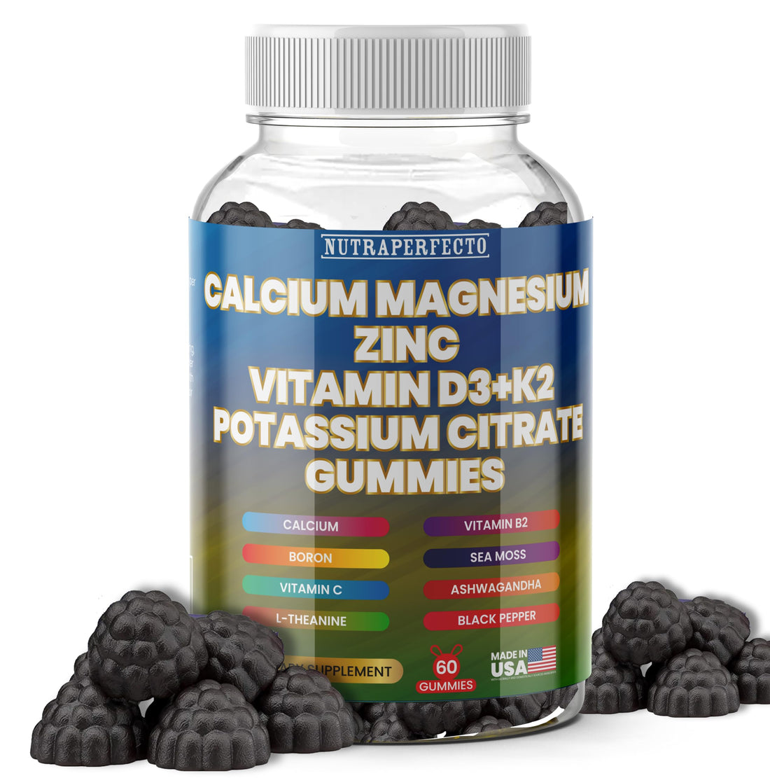 Sugar Free Calcium Gummies for Kids & Adults Citrate Magnesium Glycinate Potassium Vitamin D3 K2 B2 B6 C Irish Sea Moss Ashwaghanda L-Theanine Boron Zinc Gummies for Muscles, Cellular Energy