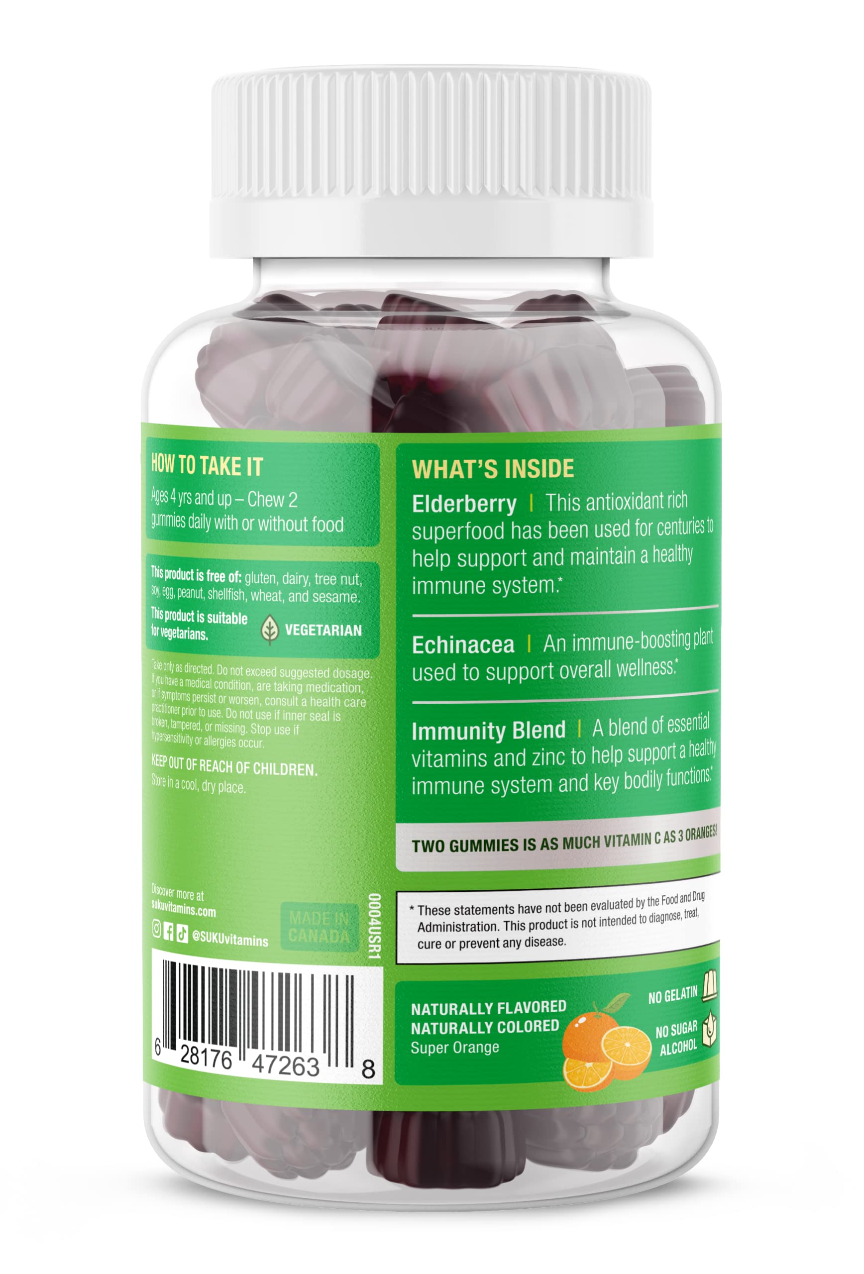 SUKU Vitamins - Kids Super Immunity - Elderberry, Echinacea, Vitamin A and Zinc Gummies for Immune Support - Easy to Chew - Non GMO, Gluten Sugar Free - Pomegranate Lime Gummy Vitamins, 50 Count