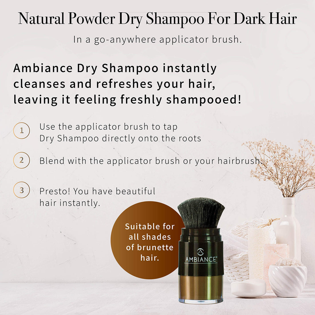 Ambiance Natural Dry Shampoo Powder & Brush for Dark Hair - Non Aerosol Travel Size Brunette Tinted Shampoo - Non Toxic, Benzene Free - Volumizing, Refreshes Oily Hair & Covers Roots Between Colorings