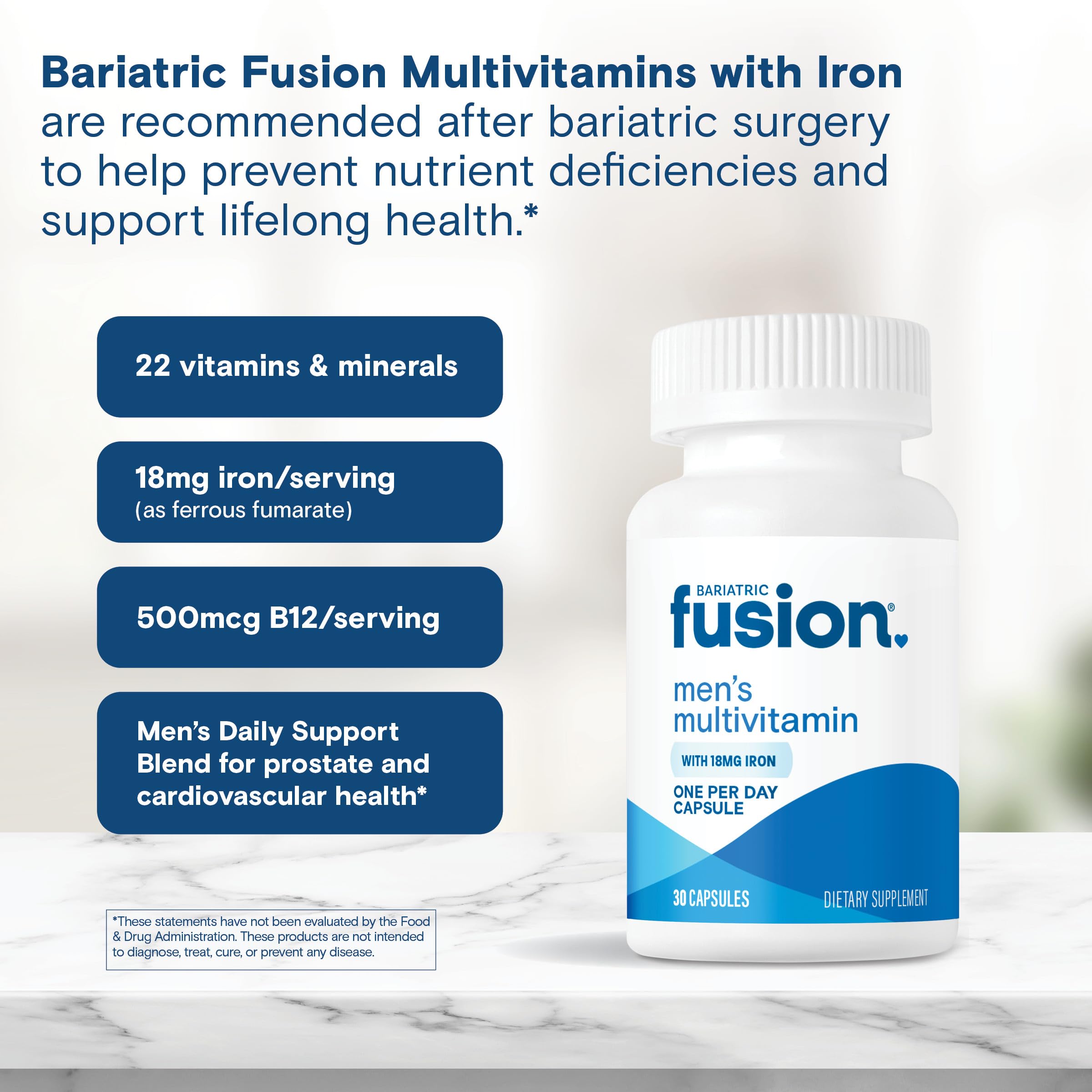 Bariatric Fusion One Per Day Bariatric Multivitamin with Iron for Men | with Prostate and Heart Support Vitamins* | Gastric Bypass and Sleeve Gastrectomy | 30 Capsules | 1 Month Supply