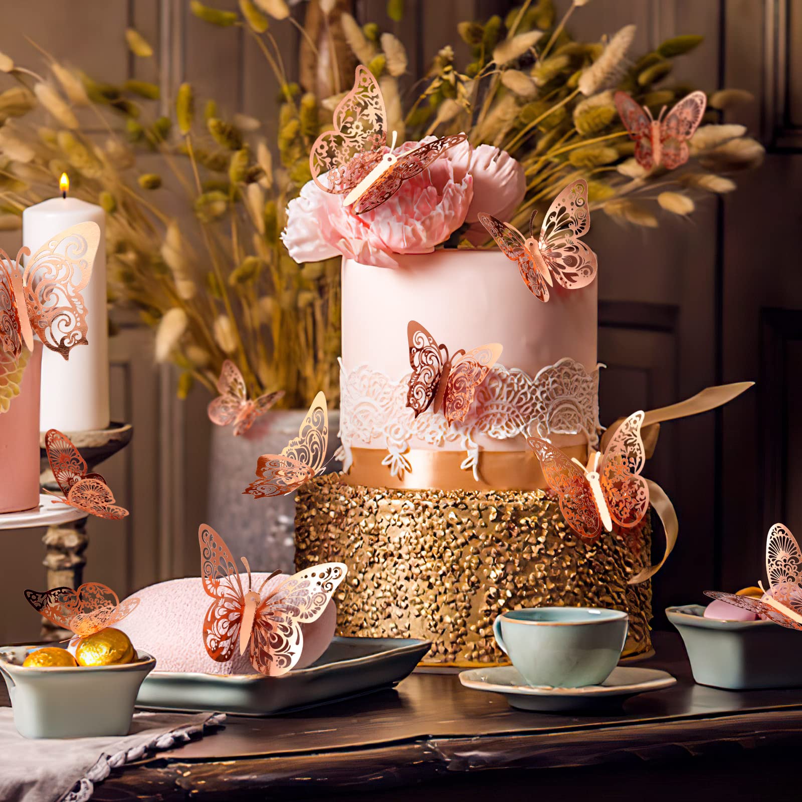 3D Butterfly Wall Decor Stickers Rose Gold Butterfly Decorations Party, 48Pcs 4 Patterns 3 Sizes, Butterfly Cake Decorations Paper Butterflies Wall Decals for Kids Baby Nursery Room Bedroom Birthday