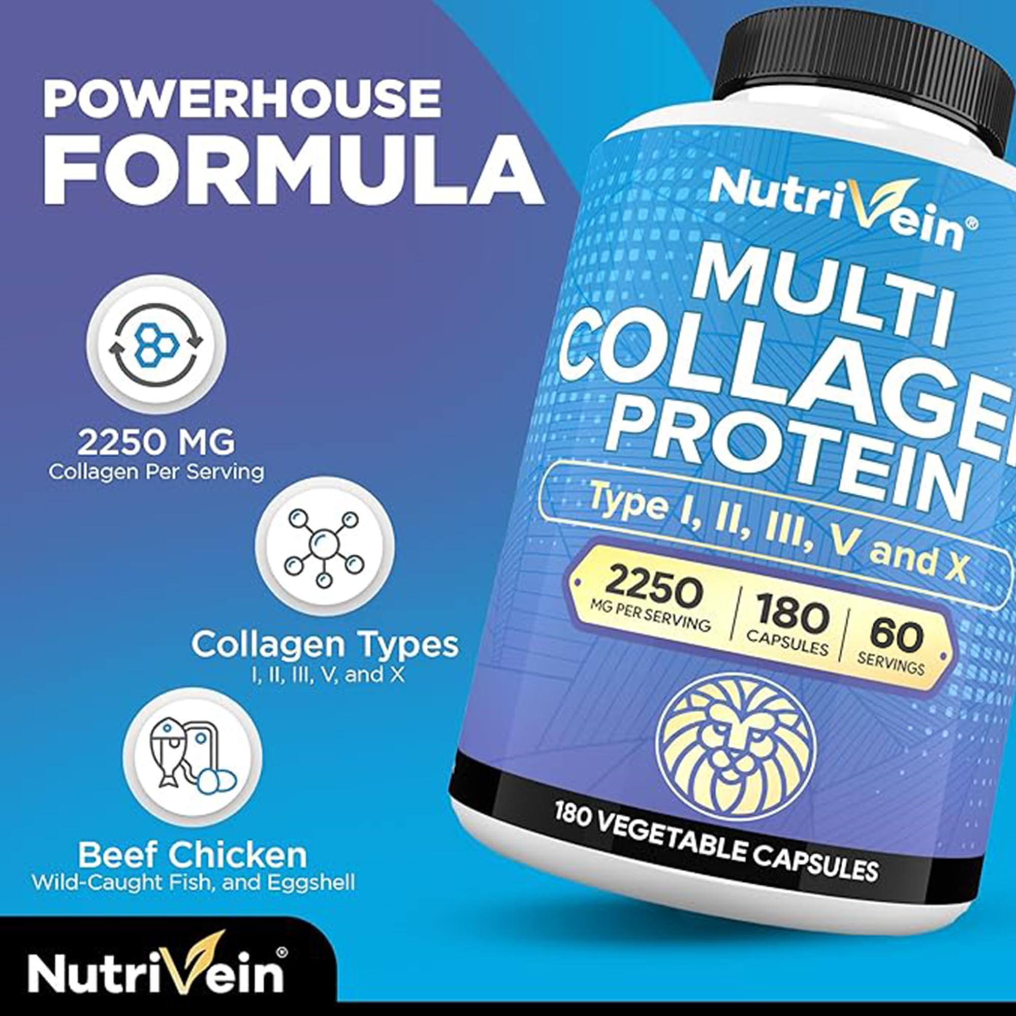 Nutrivein Multi Collagen Pills 2250mg - 180 Collagen Capsules - Type I, II, III, V, X, Anti-Aging, Healthy Joints, Hair, Skin, Bones, Nails, Hydrolyzed Protein Peptides for Woman and Men