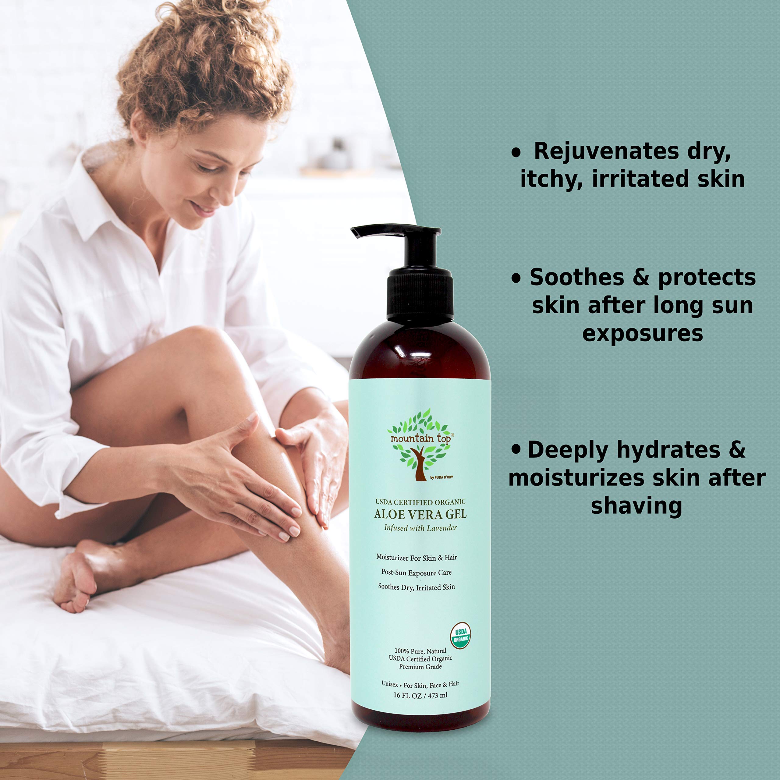 MOUNTAIN TOP Organic Aloe Vera Gel (16 fl oz / 473 mL) USDA Certified 100% Pure & Natural - For Extremely Dry & Itchy Skin