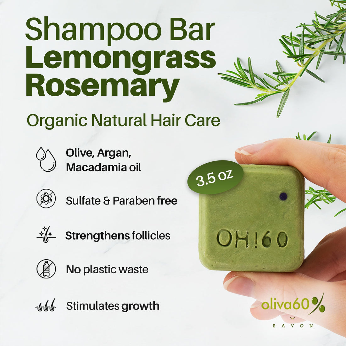 Shampoo Bar Lemongrass Rosemary - Olive, Argan, Macadamia Oil | Sulfate & Paraben Free | Organic Natural Hair Care | 3.5 oz | Shampoo for Oily Hair | No Plastic Waste | Oliva 60