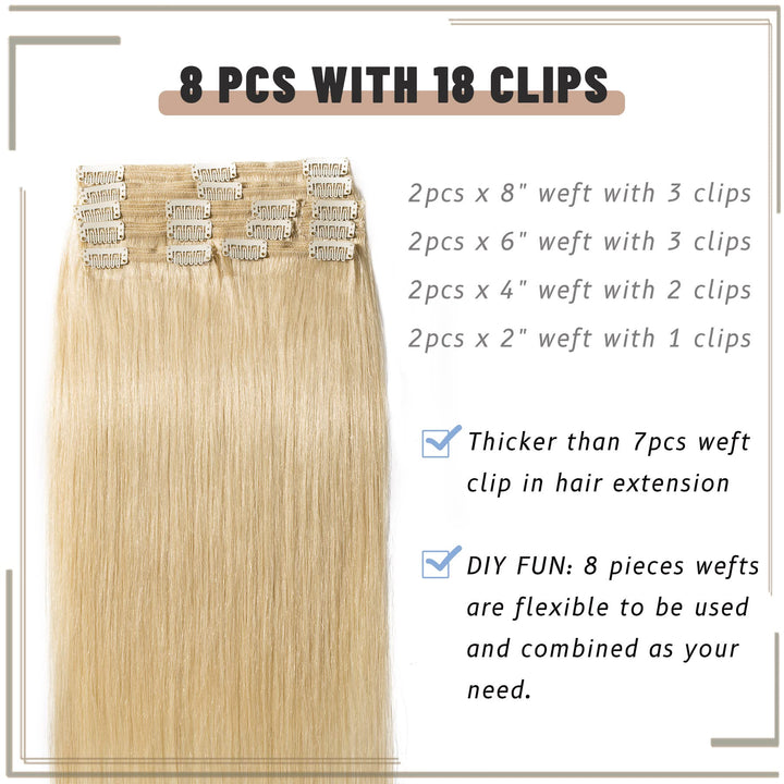 S-noilite Blonde 100% Remy Human Hair Clip in Extensions Double Weft 16Inch Bleach Blonde Straight Soft Grade 7A Quality 8pcs 18 Clips 130g Thick Full Head Brazilian Hair For Women #613