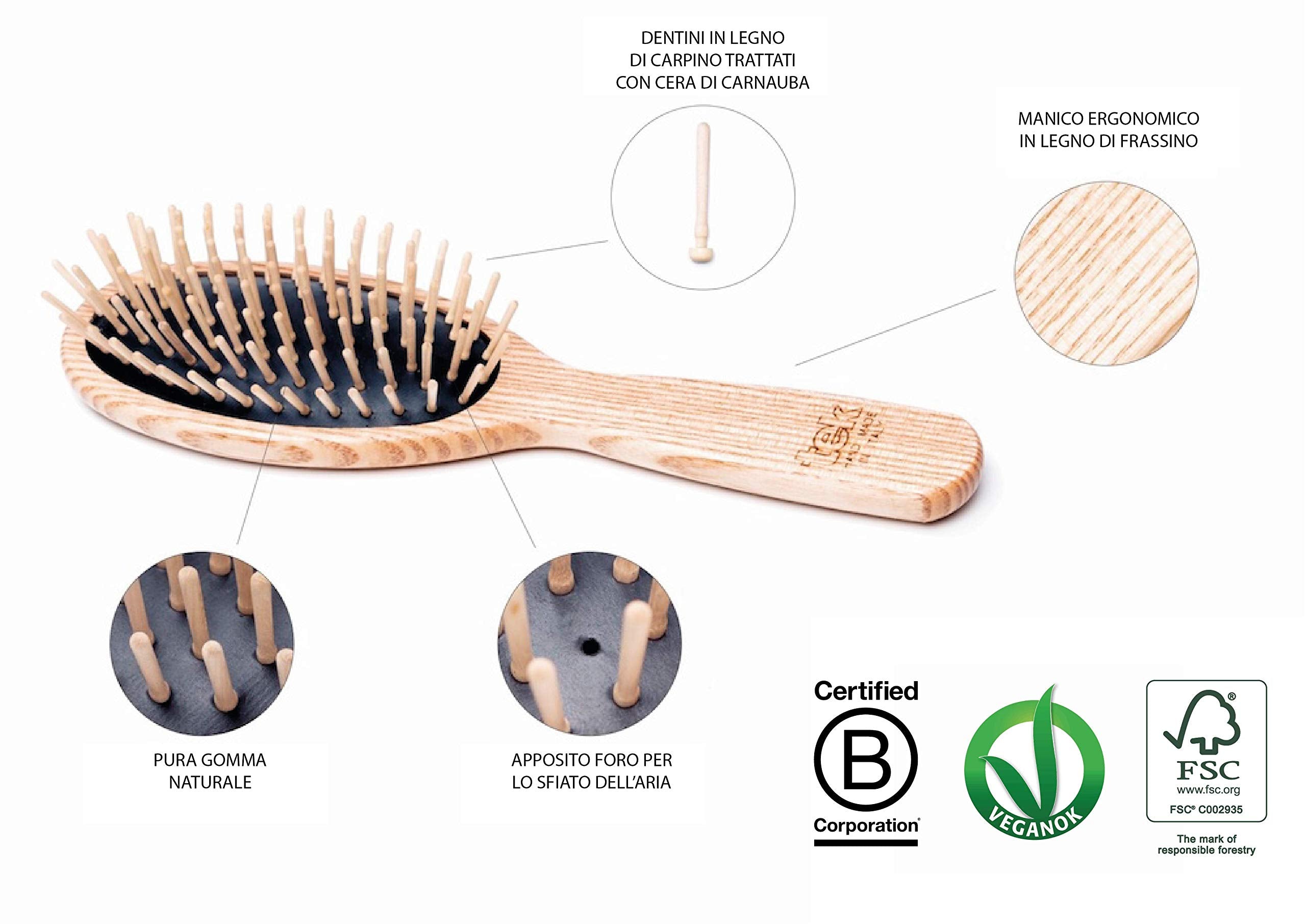 Tek small oval hairbrush in ash wood with short wooden pins - Handmade in Italy