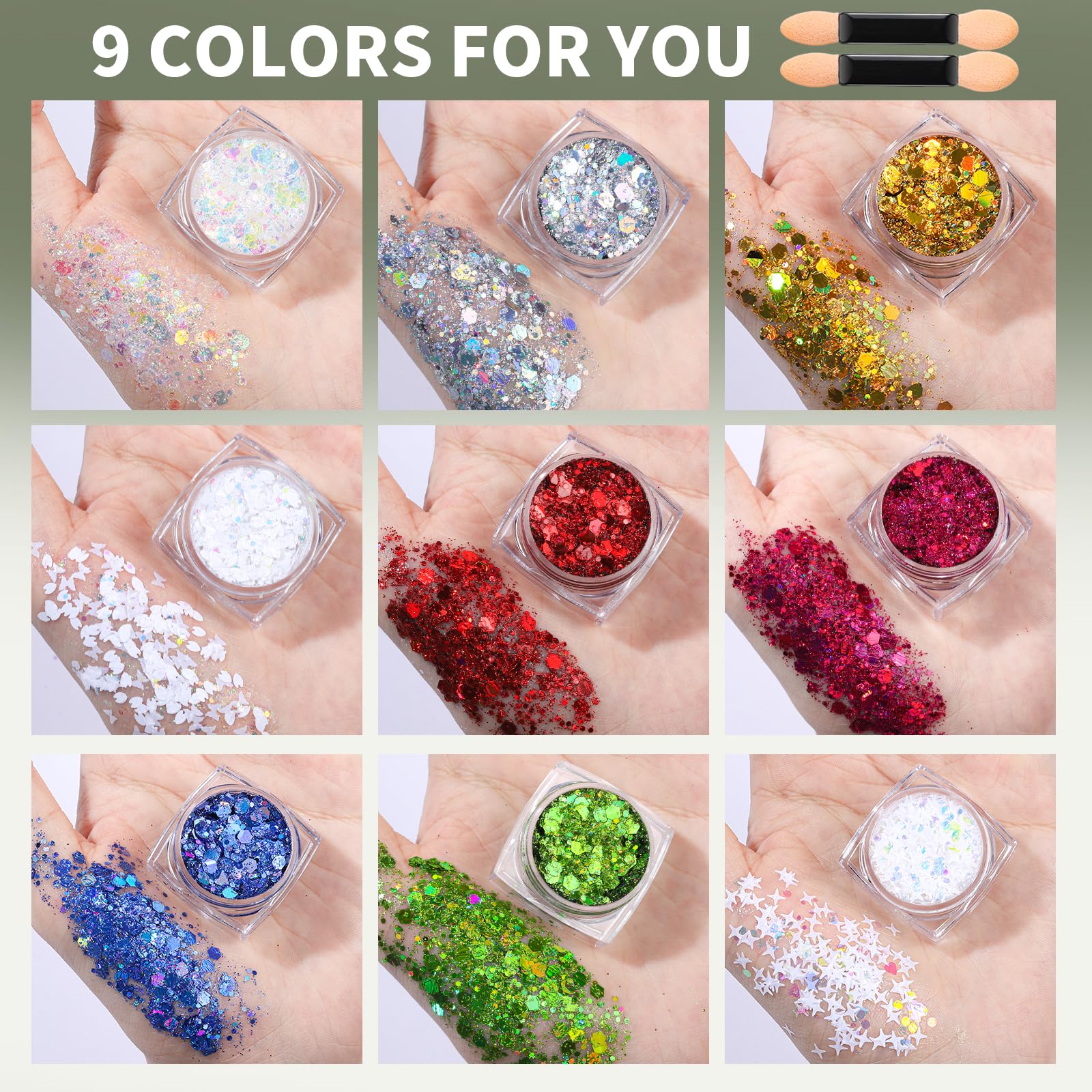 Teenitor Face Glitter, 9 Jars Body Glitter Gel, 9 Colors Makeup Gel Glitter for Face and Body, Hair