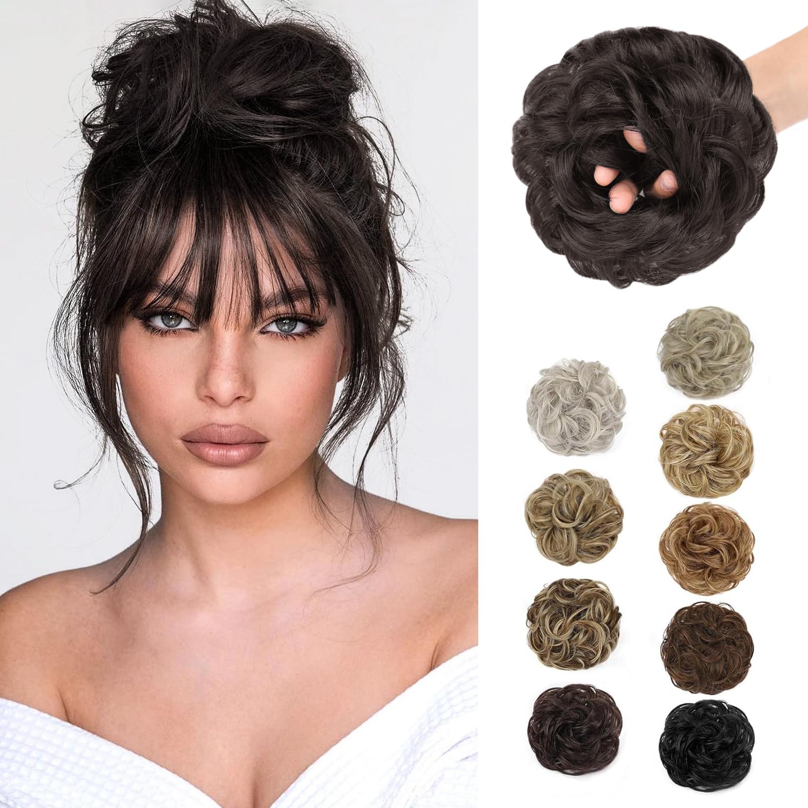 MORICA 1PCS Messy Hair Bun Hair Scrunchies Extension Curly Wavy Messy Synthetic Chignon for Women (4#(Darkest Brown Tend to Black))