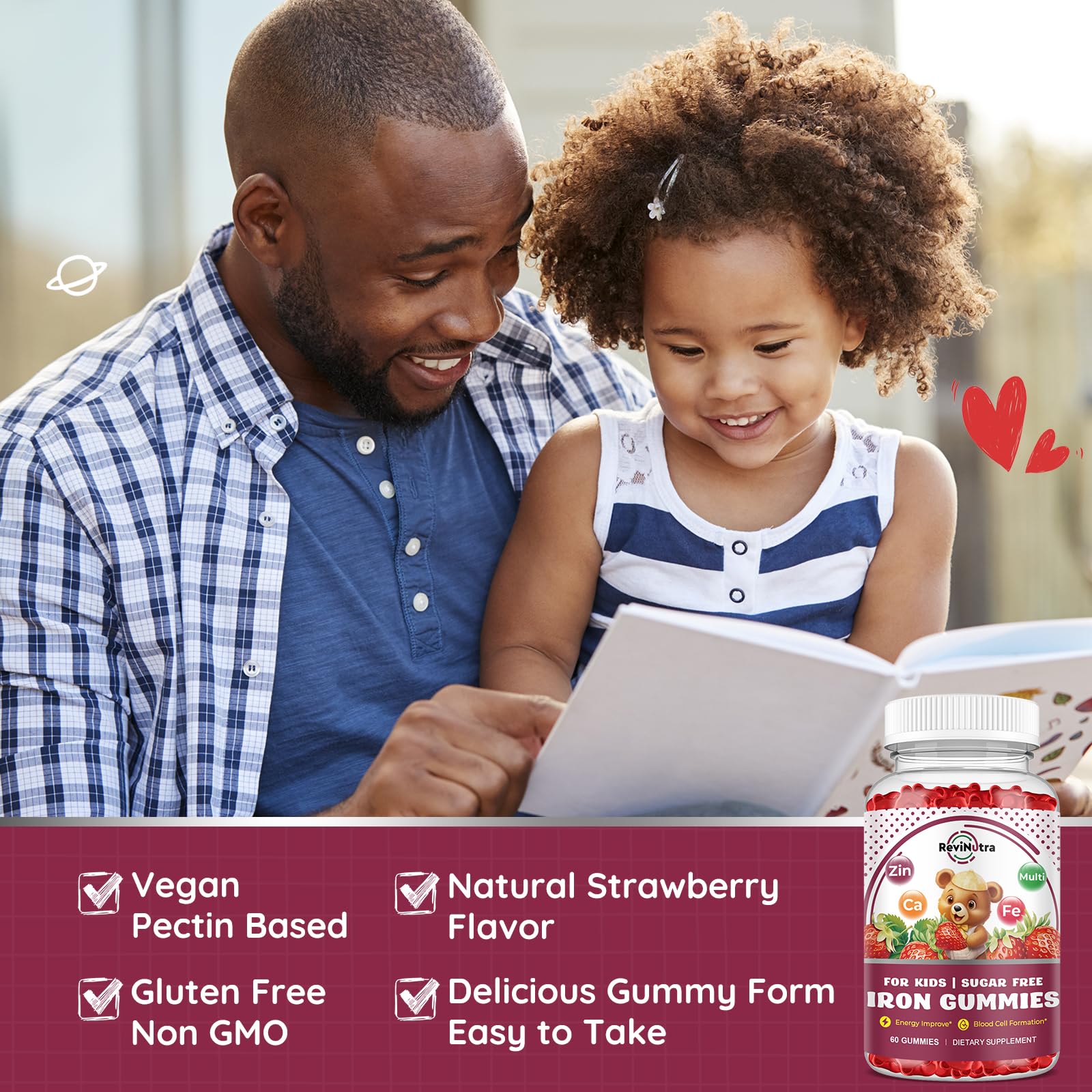 Iron Supplement Gummies for Kids - with Calcium, Zinc, Kids Multivitamin with Iron Gummies - Immune Support, Blood Builder & Energy Support for Iron Deficiency, Anemia, Vegan - 60 Gummies