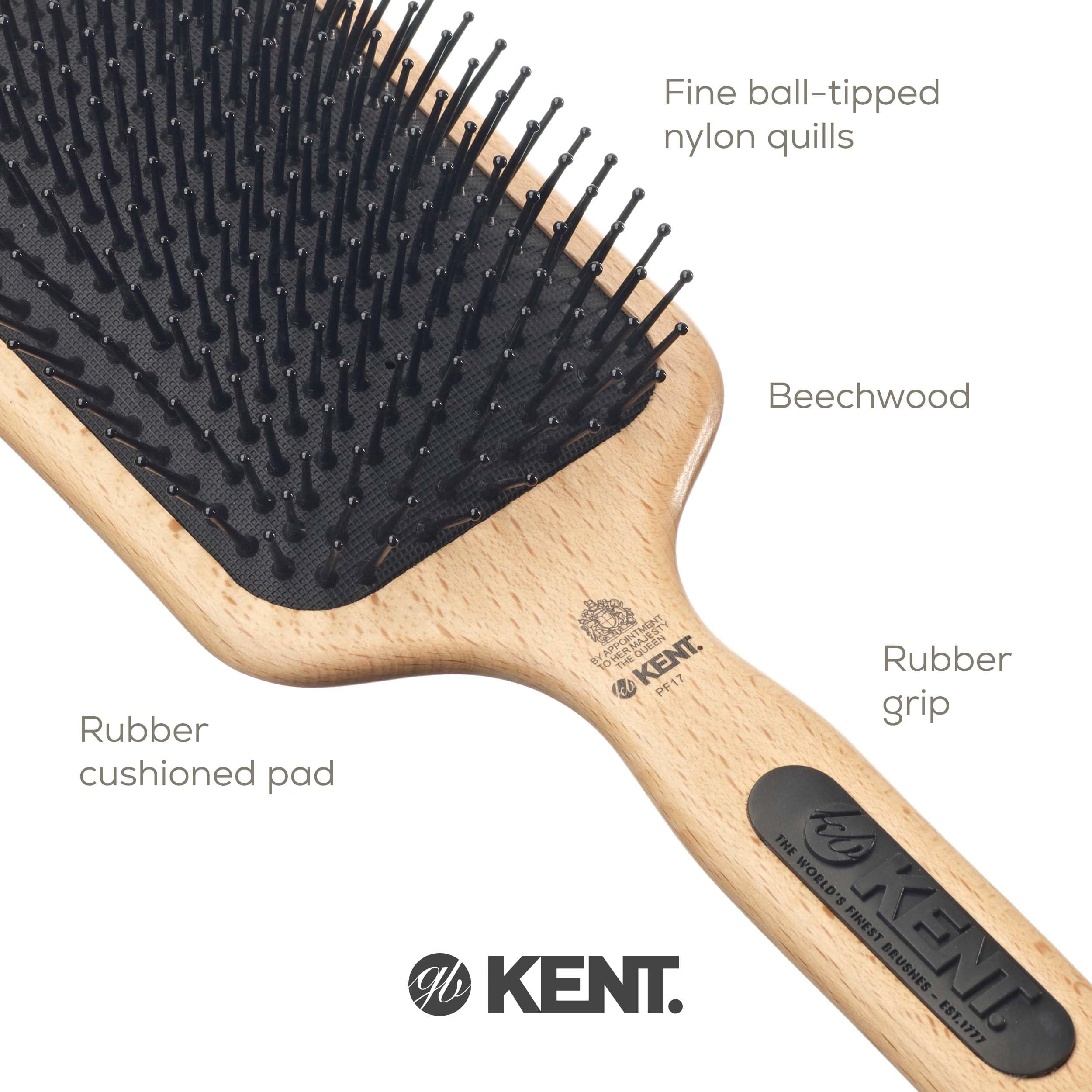 Kent PF17 Large Cushion Paddle Brush, Taming Fine Pins Hair - Detangling Long, Thick, Curly Hair, Scalp Massager, Growth Stimulator. Wet or Dry Use. Made in England