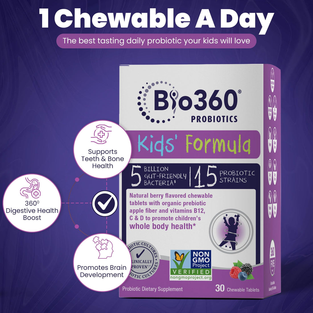 Bio360 Probiotics for Kids - 15 Strains & 5 Billion CFU Supports Brain, Immune & Digestive Health - Kids Probiotic Chewable with Organic Prebiotics for Gut & Constipation, Mixed Berry Flavor, 30 Count