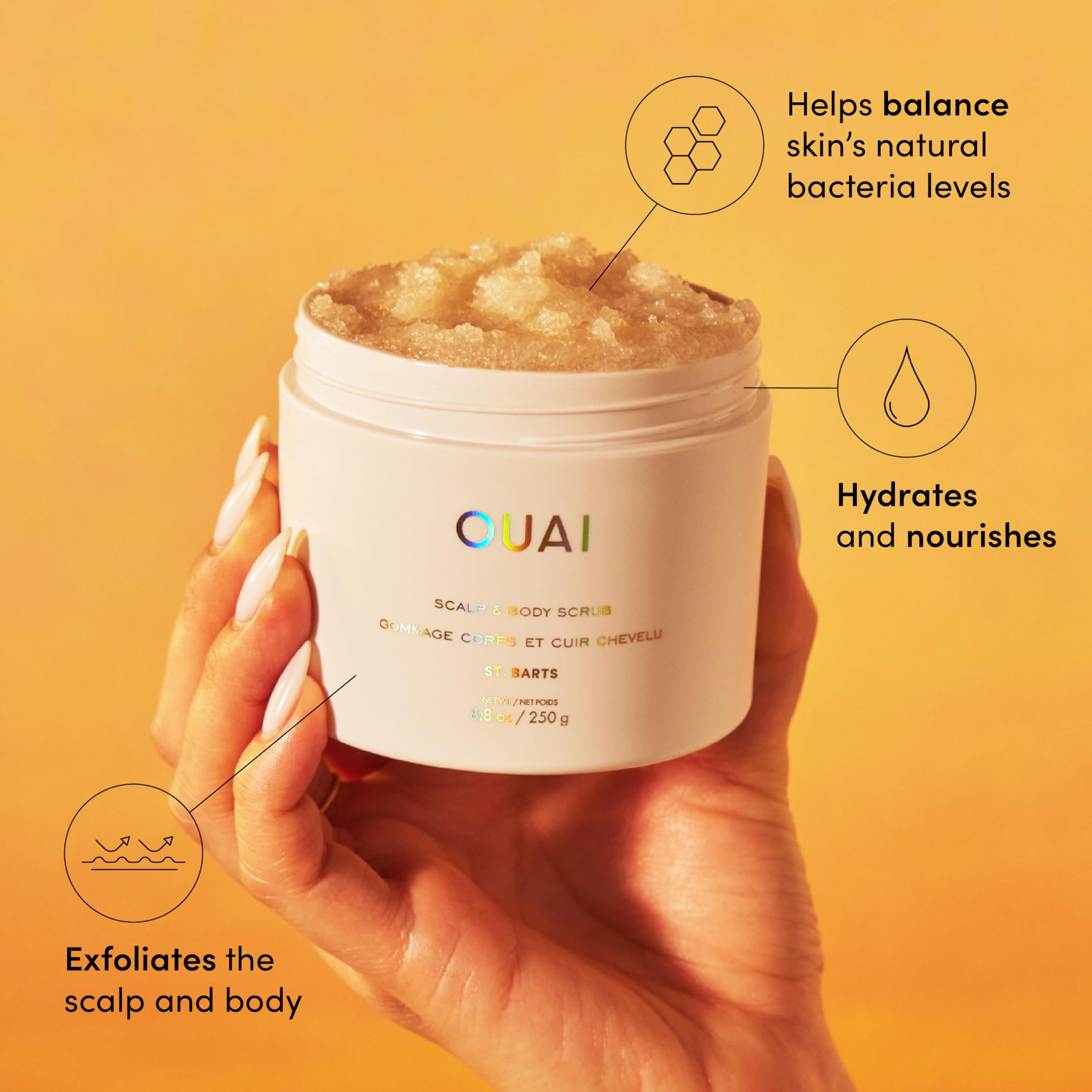 OUAI Scalp & Body Scrub, St. Barts - Exfoliating Body Scrub with Sugar & Coconut Oil Blend for Smooth, Moisturized Skin - Gentle Scalp Scrub for Removing Product Build Up (8.8 Oz)