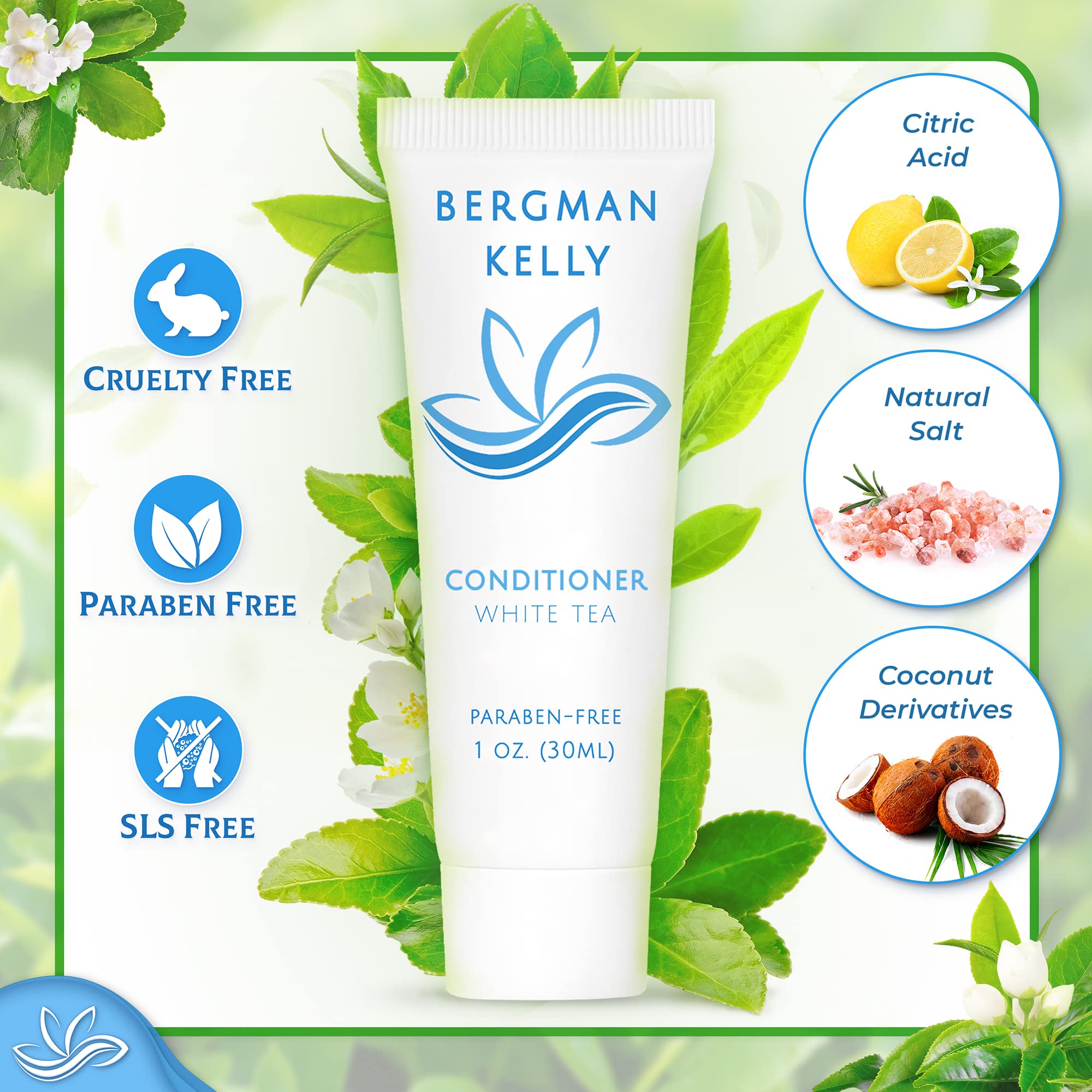 BERGMAN KELLY Hotel Conditioner (1 Fl Oz, 100 PK, White Tea), Delight Your Guests with Revitalizing and Refreshing White Tea Travel Conditioner, Quality Small Amenities Hotel Toiletries in Bulk