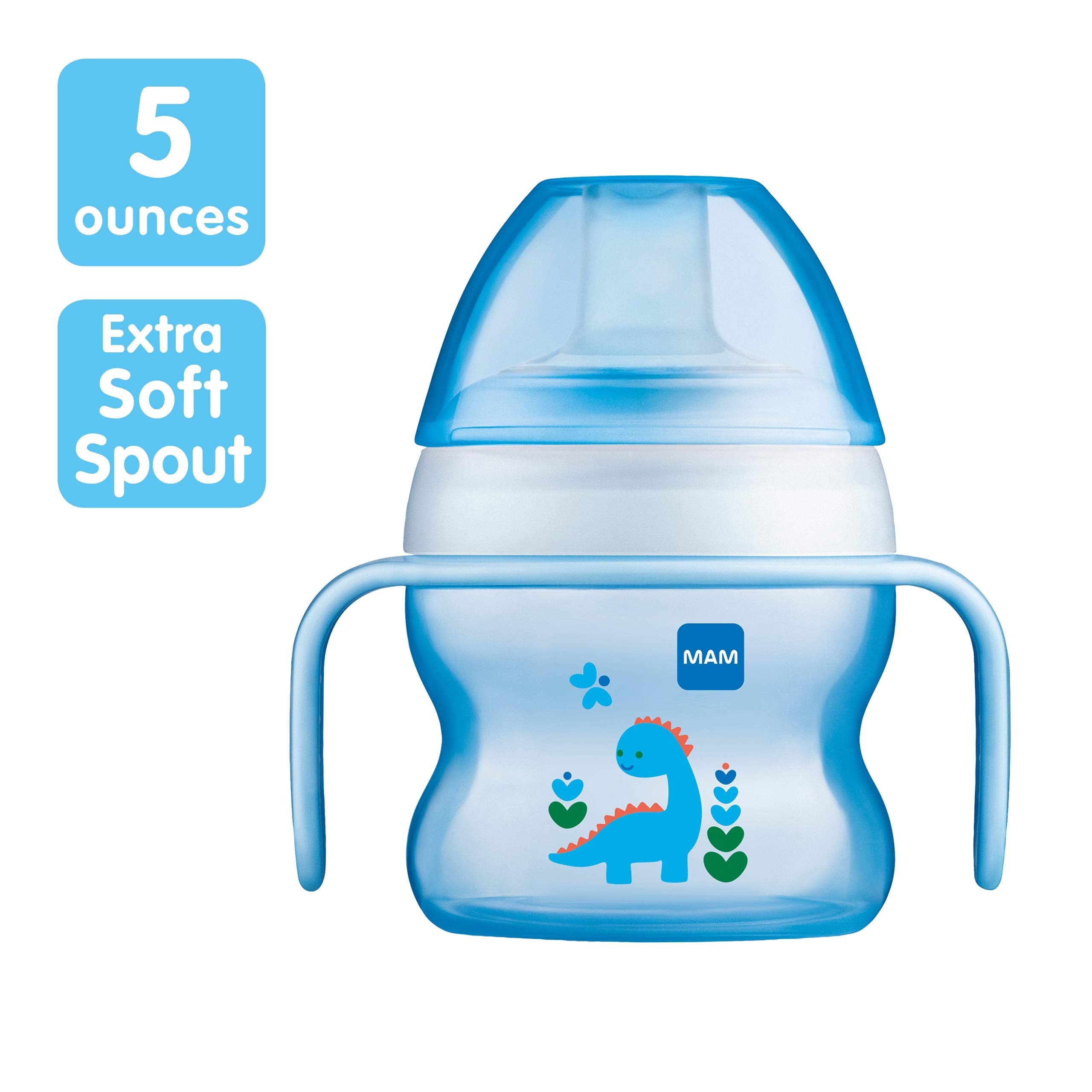 MAM Starter Cup (1 Count), MAM Sippy Cup, Drinking Cup with Extra-Soft Spill-Free Spout and Non-Slip Handles, for Boys 4+ Months, Five Ounces, Blue