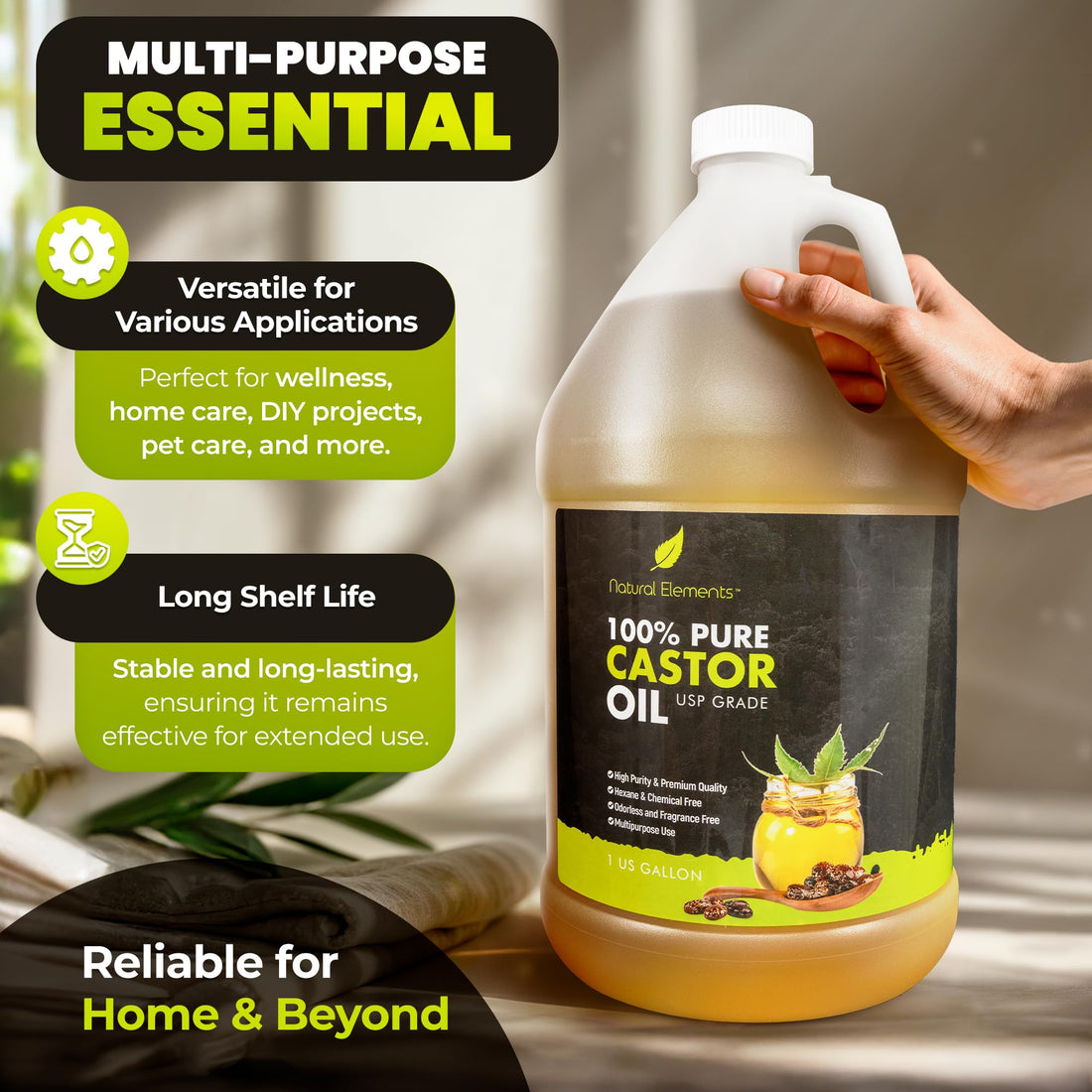 Natural Elements 100% Castor Oil USP Grade | Cold Pressed | Hexane Free | High Purity, Premium Quality