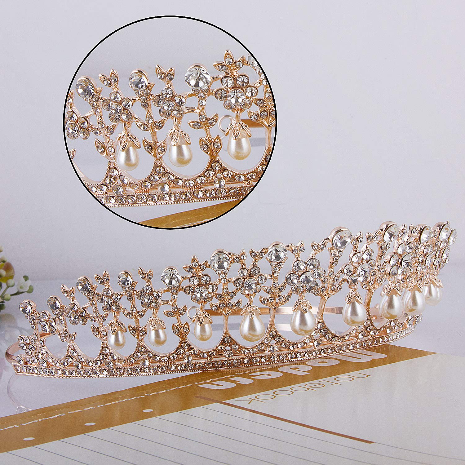 CROWN GUIDE Crystal Rhinestone Queen Bride Tiara Crown for Women Girls Headdress Vintage Bridal Birthday Prom Wedding Tiaras and Crowns Hair Jewelry Accessories Rose Gold