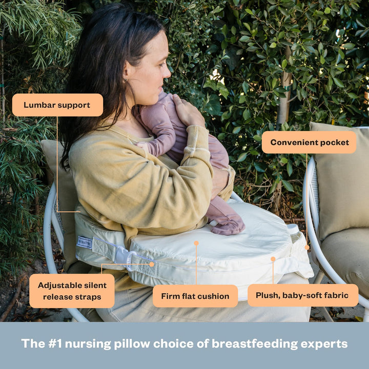My Brest Friend Deluxe Organic Nursing Pillow 100% Organic Cotton Slipcover Ergonomic Breastfeeding Pillows Supports Both Mom and Baby Breastfeeding Essentials Handy Side Pocket Cream
