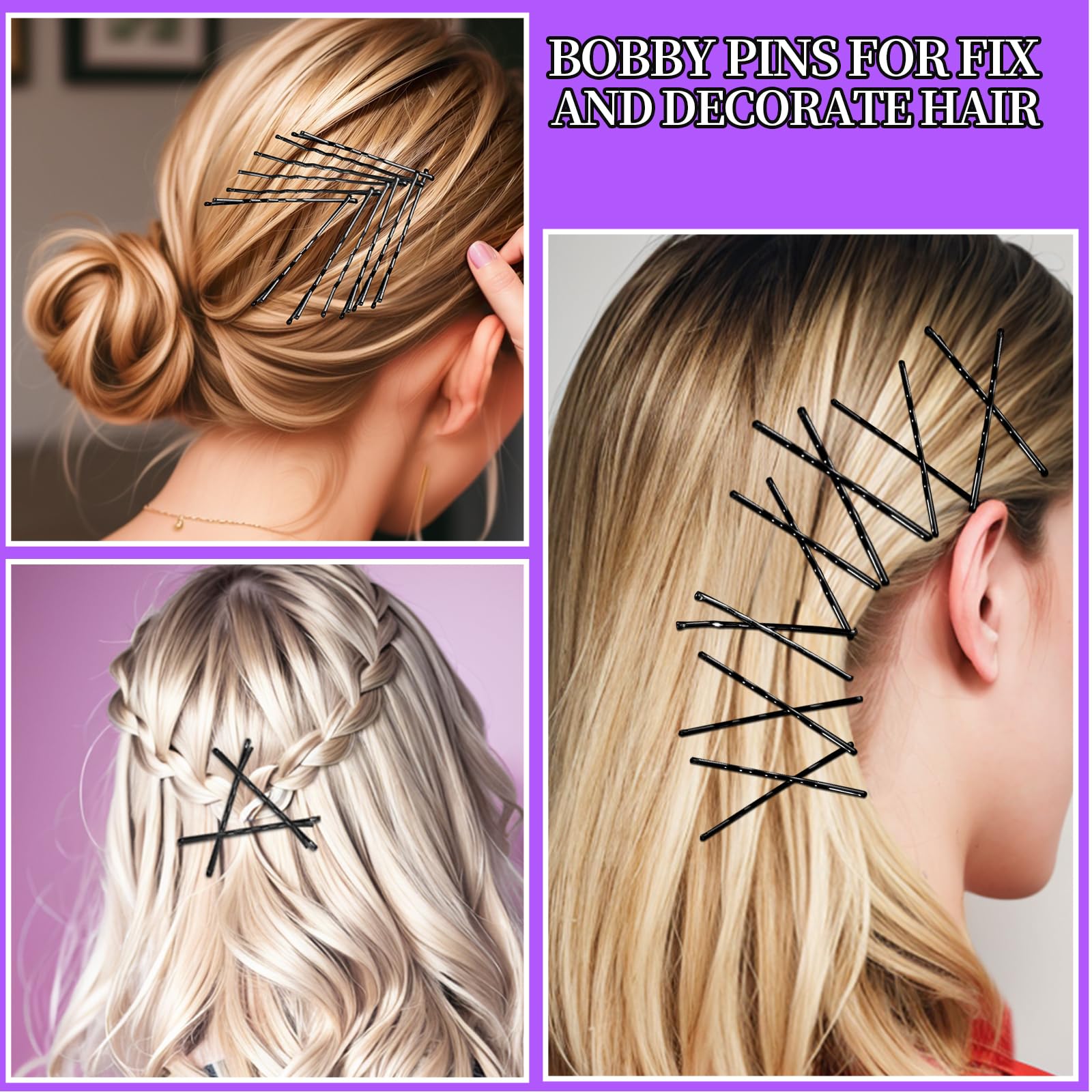 Teenitor 300pcs Hair Pins Bobby Pins Black, 100 Black Bobby Pins 100 Hair Pins for Women and 100 Clear Hair Bands Kit, U Pins for Buns 2 2.36 and Bobby Pins 2 2.75