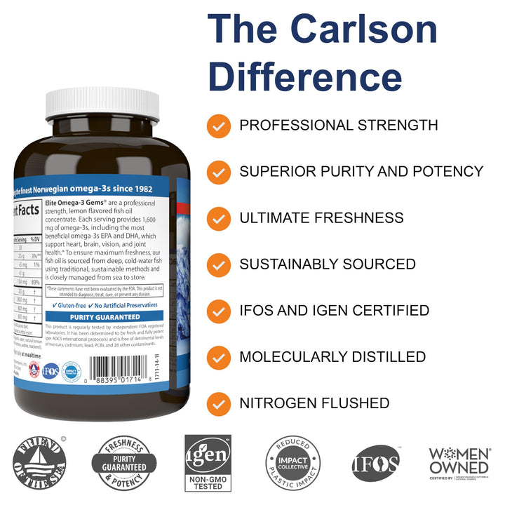 Carlson - Elite Omega-3 Gems,1600 mg Omega-3 Fatty Acids Including EPA and DHA,Norwegian, Wild-Caught fish oil Supplement,Sustainably Sourced Capsules, Lemon, 90+30 Softgels